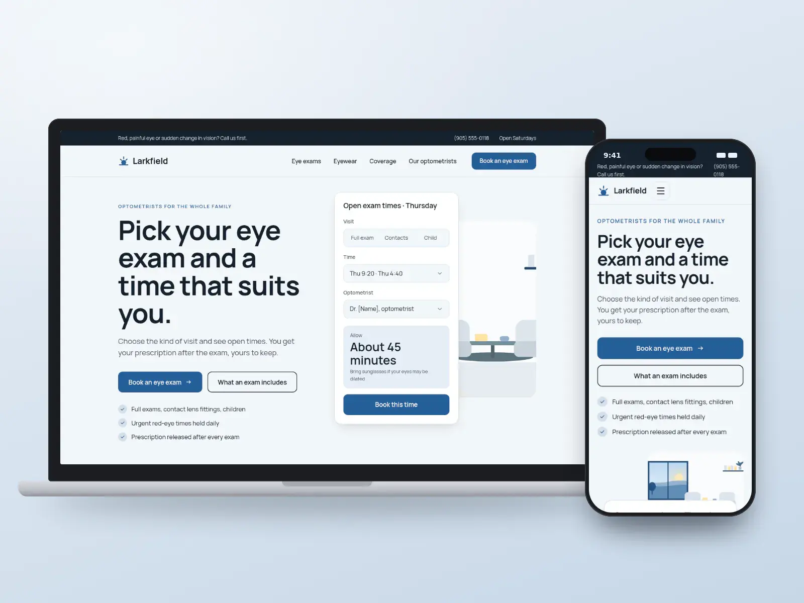 Larkfield Eye Care, a sky blue and graphite optometry website with an eye exam booking panel beside a bright exam-room illustration, shown on a laptop and a phone.