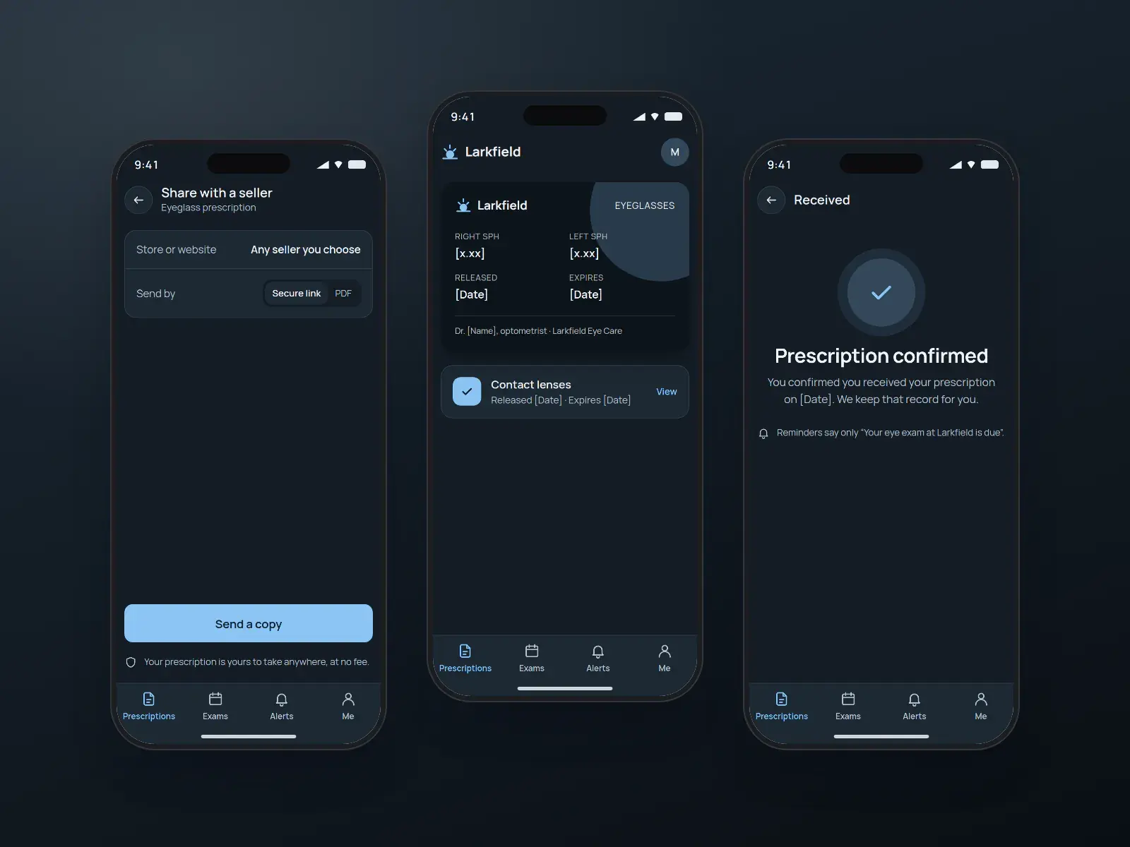 Larkfield prescription wallet, three dark graphite and sky phone screens: a list of eyeglass and contact lens prescriptions, a share-with-a-seller sheet, and a confirmation screen.
