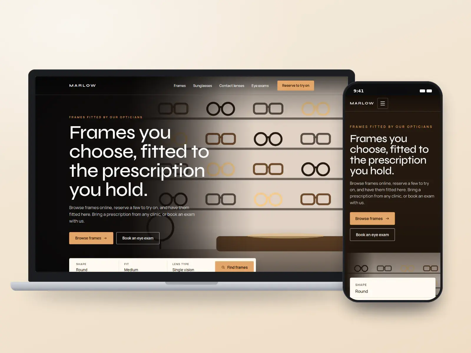 Marlow Optical & Eye Exams, a tortoise and cream optical boutique website with a full-width illustration of frames on shelves and a frame finder bar, on a laptop and a phone.
