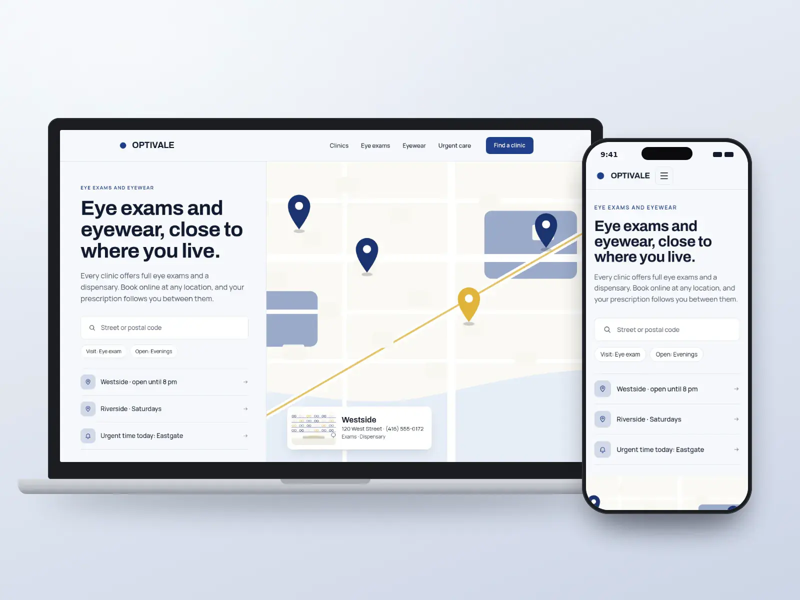 Optivale Eye Centres, a navy and citrus eye care group website with a clinic finder beside a street map with clinic pins and a clinic card, shown on a laptop and a phone.