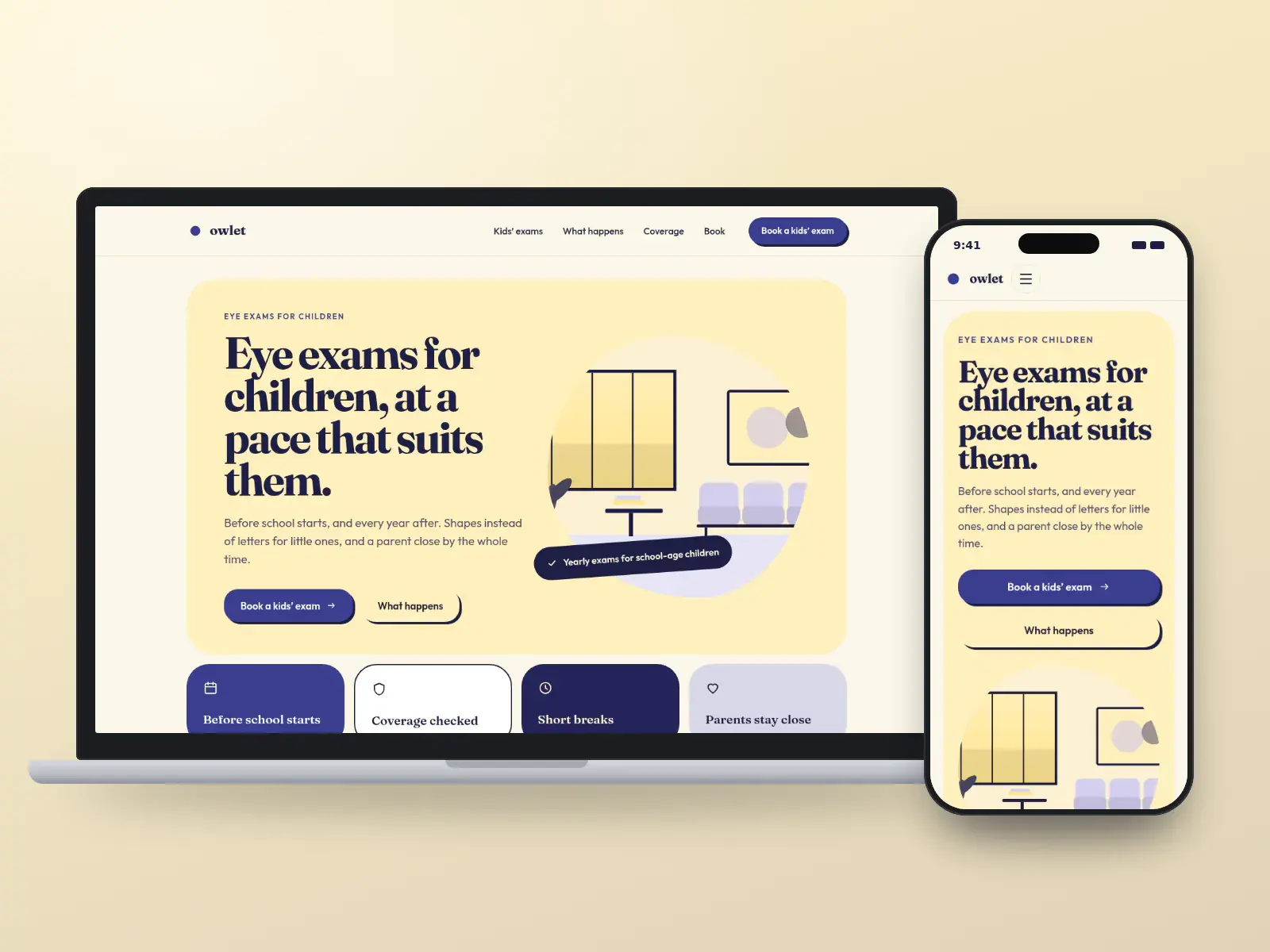 Owlet Eye Care for Kids, an indigo and butter yellow children’s eye care website with a rounded hero card, a calm room illustration and colourful quick-link tiles, on a laptop and a phone.