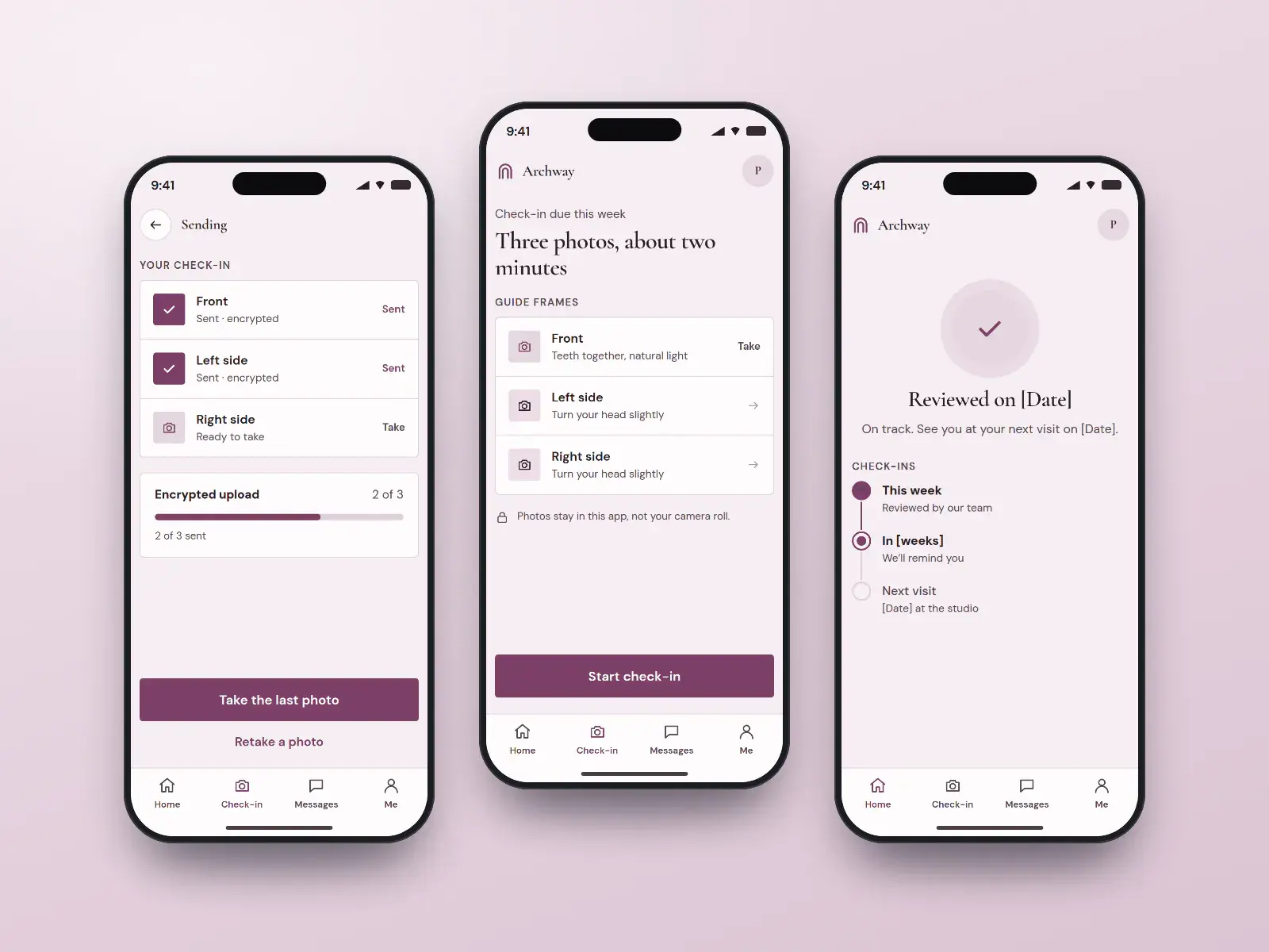 Archway check-in app, three plum and ivory phone screens: a check-in due this week, an upload in progress with two of three photos sent, and a reviewed status from the team.