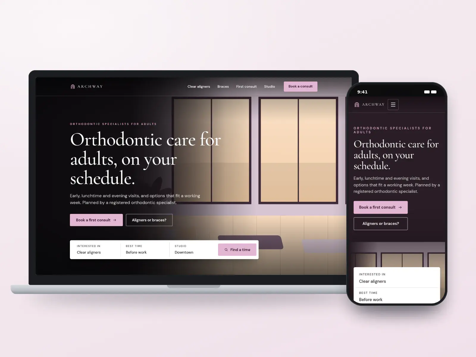 Archway Orthodontic Studio, an ivory and plum orthodontist website for adults with a full-width drawn city studio at dusk, a serif headline and a consult finder bar, on a laptop and a phone.