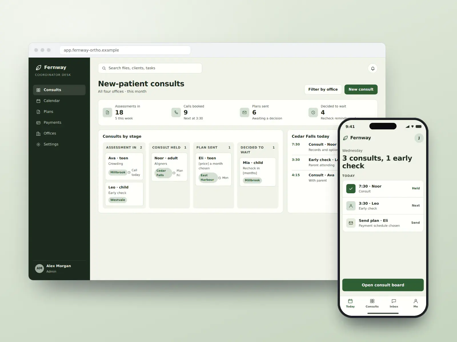 Fernway coordinator desk, a fern green and linen dashboard in a browser with a board of consults by stage across four offices, beside a phone showing one office’s day.
