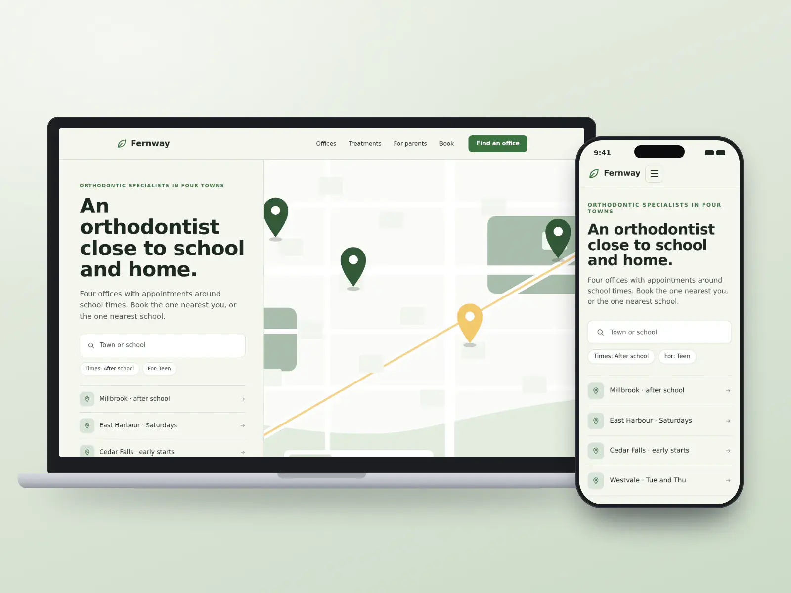 Fernway Orthodontics, a fern green and linen orthodontist website with an office search, after-school filters and a drawn regional map with an office card, on a laptop and a phone.