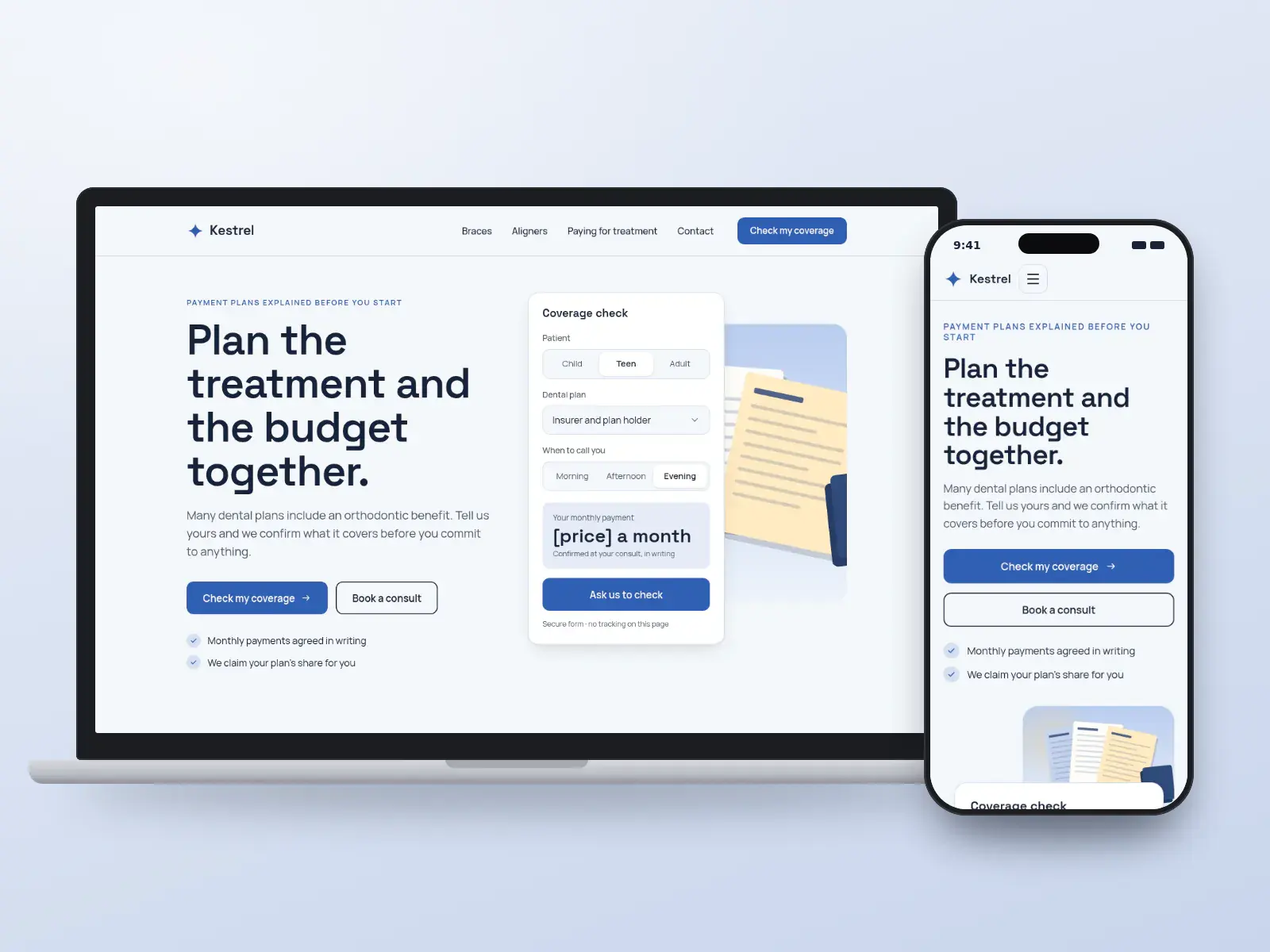 Kestrel Orthodontics, a sky blue and slate orthodontist website with a coverage check and payment card beside a drawn calendar and paperwork scene, on a laptop and a phone.
