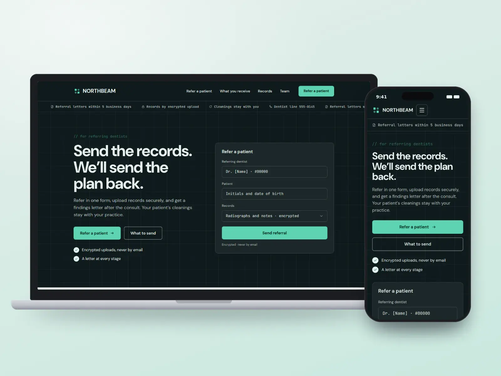 Northbeam Orthodontics, a night and mint referral website for dentists with a ticker of referral facts, a refer-a-patient panel and a drawn grid of figures, on a laptop and a phone.