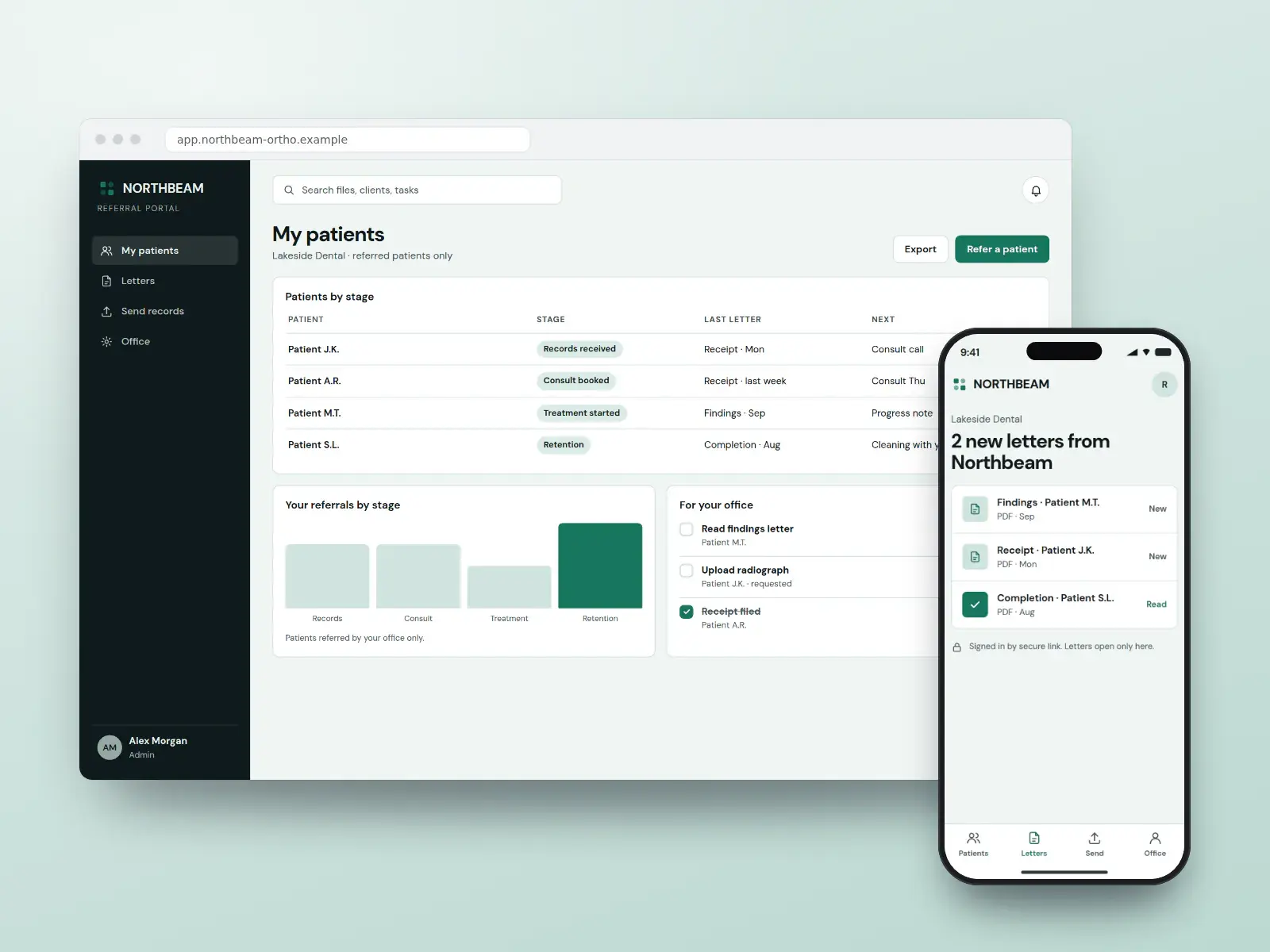 Northbeam referral portal, a dark and mint dashboard in a browser listing a dental office’s referred patients by stage with letters, beside a phone showing two new letters.