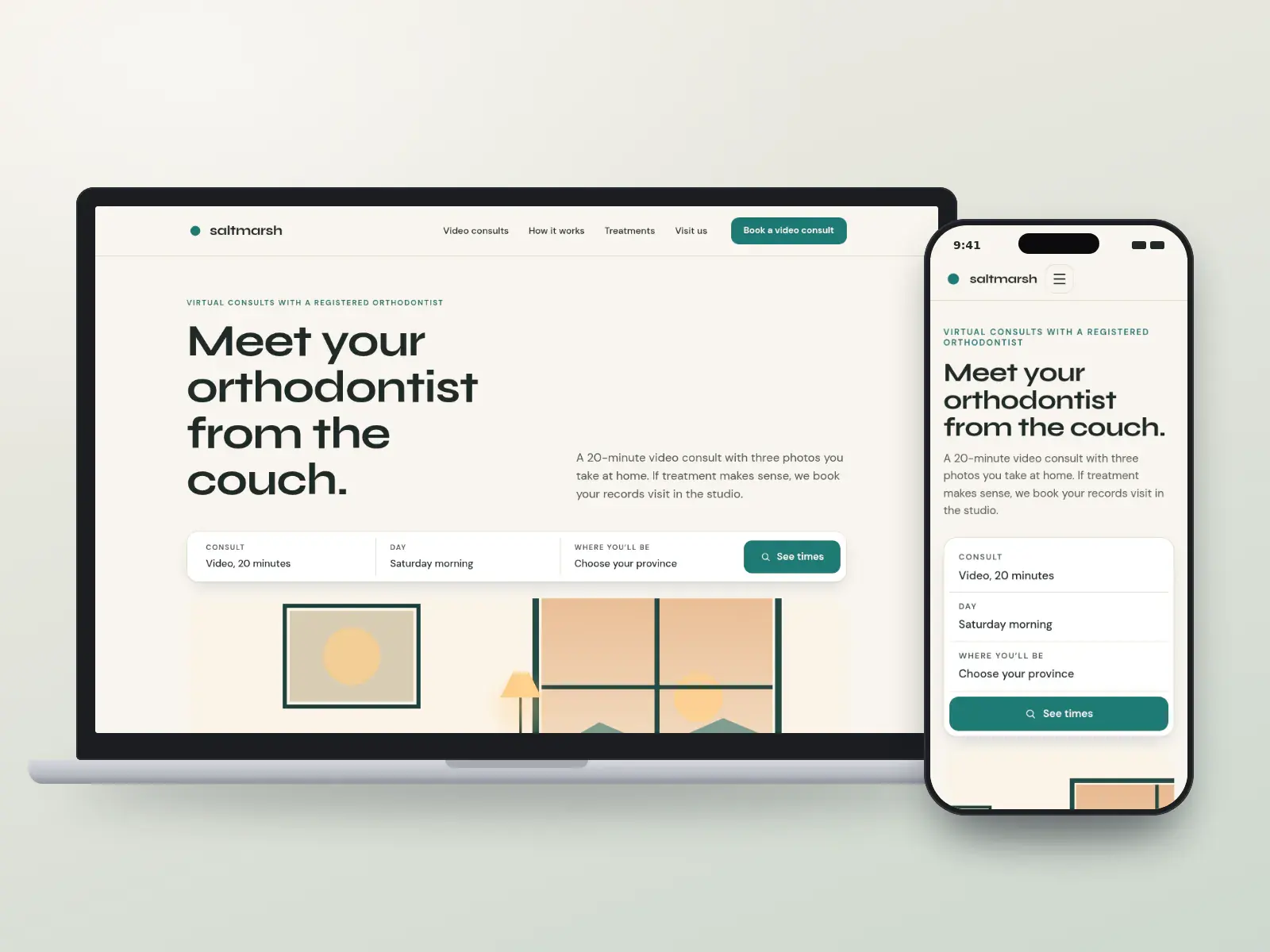 Saltmarsh Orthodontics, a dune sand and teal orthodontist website with a video consult search bar and a wide drawn living room looking out at a salt marsh, on a laptop and a phone.