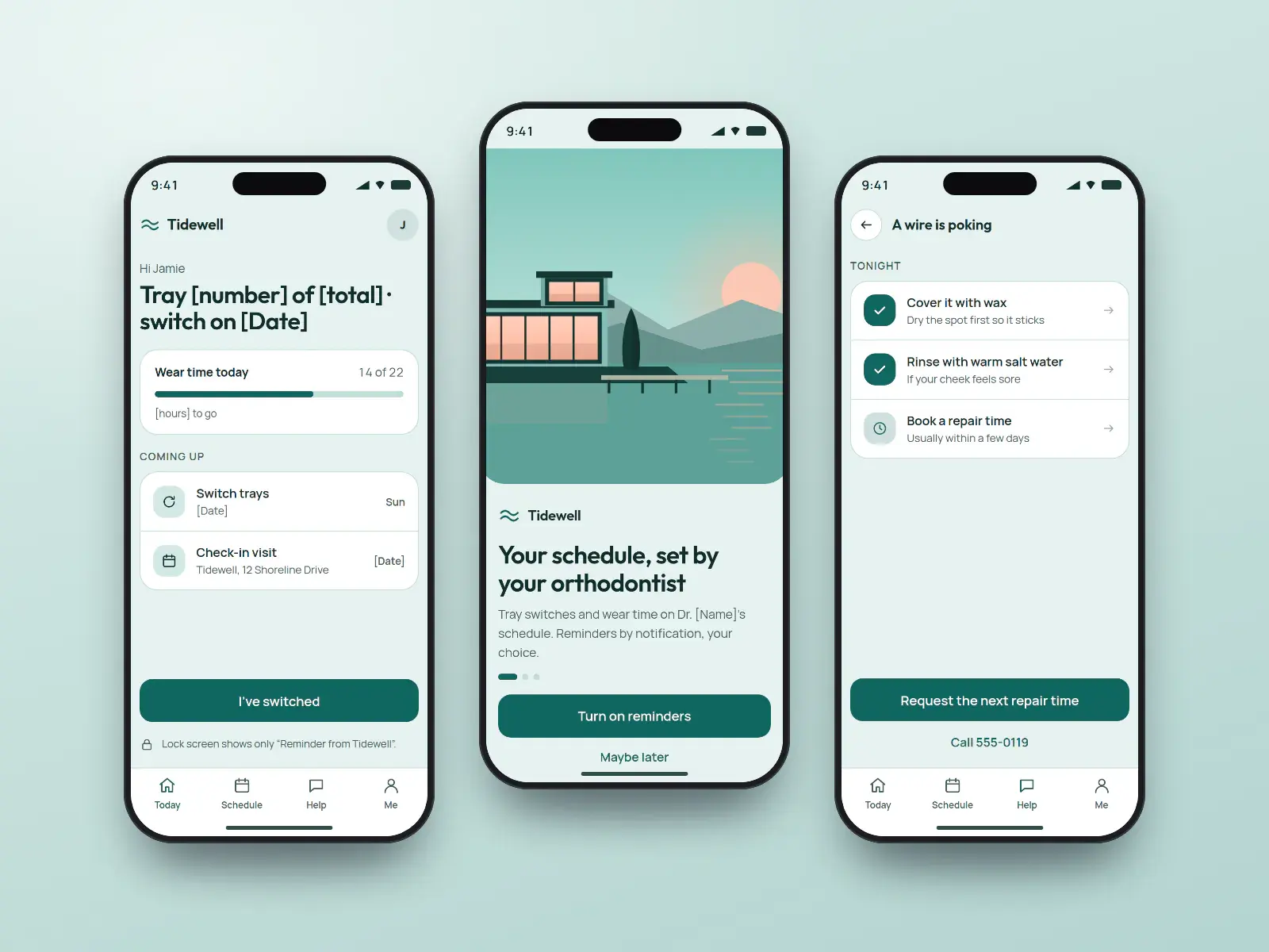 Tidewell tray app, three sea glass phone screens: a welcome screen with a shoreline, a tray schedule with wear time and switch date, and a help page with steps for tonight.