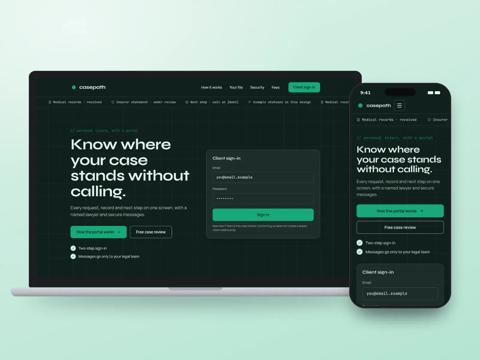 casepath, an ink and mint personal injury firm website with a dark grid hero, a ticker of example file statuses and a client sign-in panel, shown on a laptop and a phone.