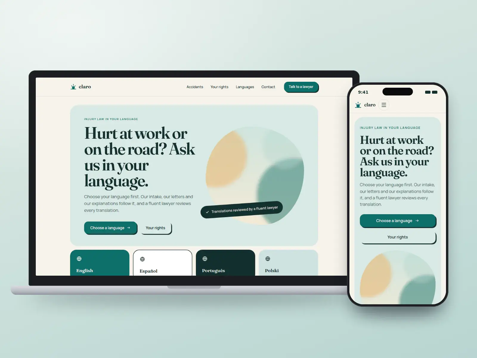 Claro Injury Law, a teal and sand multilingual personal injury website with a rounded headline card, soft abstract shapes and language tiles for four languages, shown on a laptop and a phone.