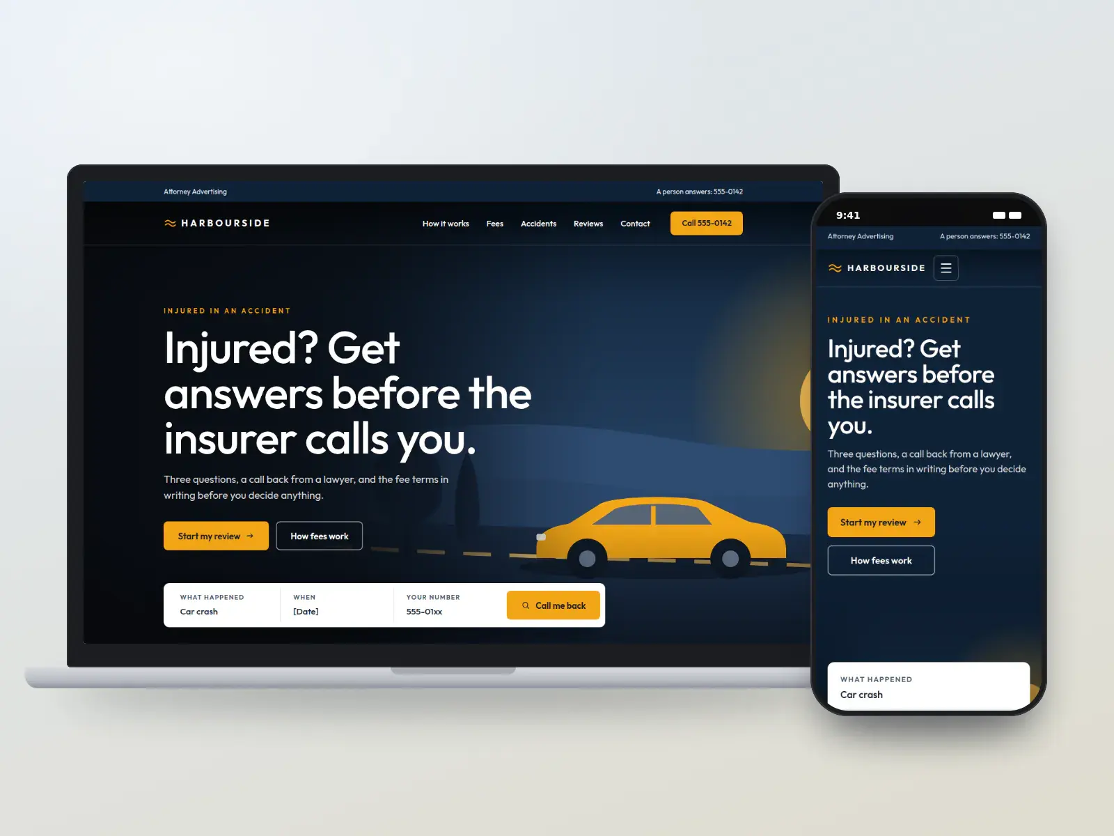 Harbourside Injury Lawyers, a harbour navy and amber personal injury website with a night road illustration, a centred headline and a three-question case review bar, shown on a laptop and a phone.
