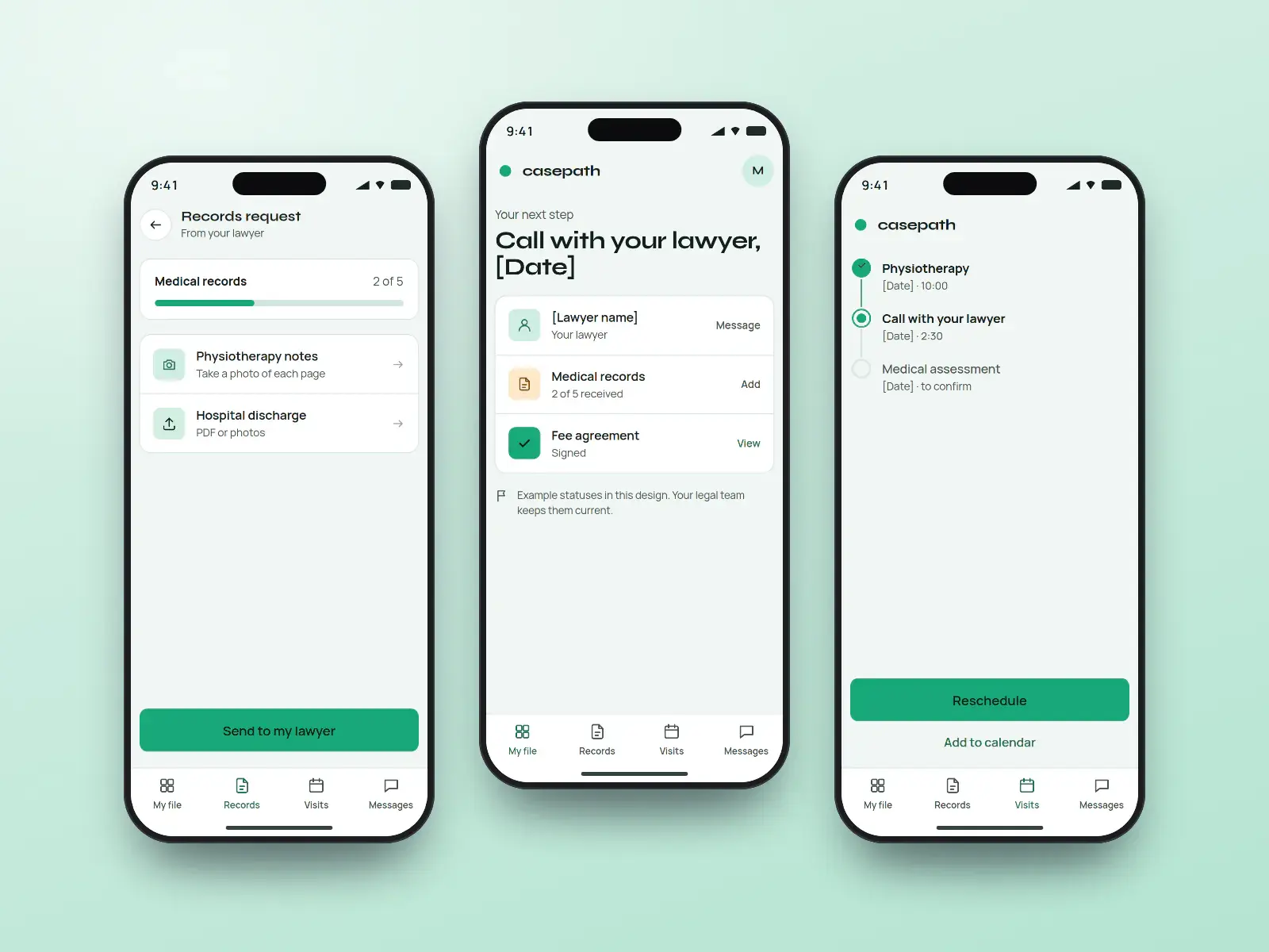 casepath client app, three ink and mint phone screens: a file home with the next step and a named lawyer, a medical records request with two of five received, and an appointments list.