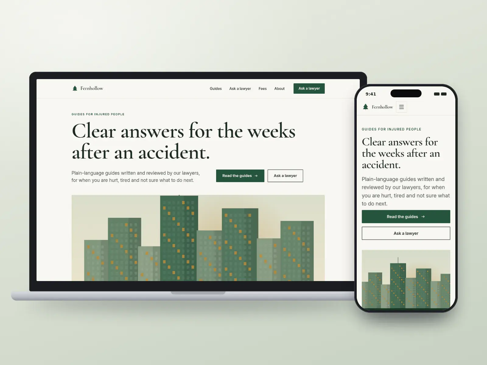 Fernhollow Injury Law, a deep green and brass editorial injury law website with a large serif headline over a wide illustration of a city at dusk, shown on a laptop and a phone.