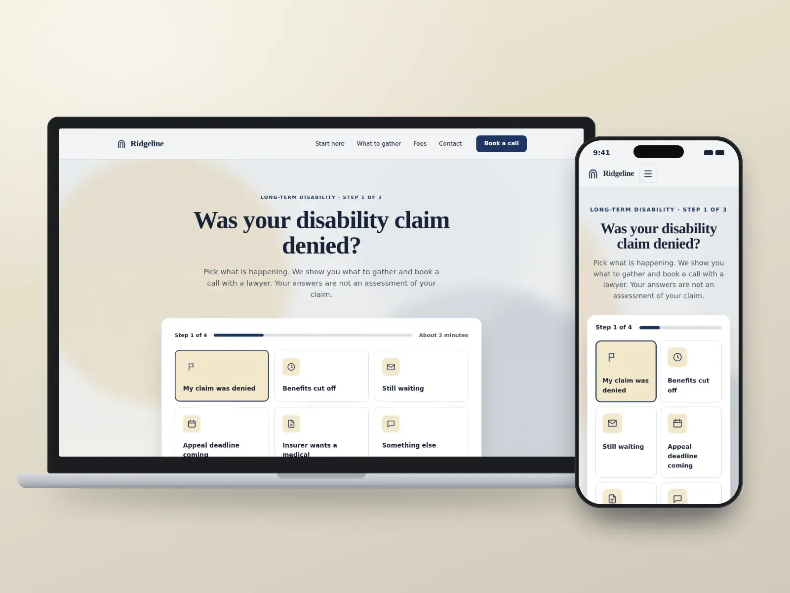 Ridgeline Disability Claims, a navy and ochre disability claims law website whose homepage is a step-by-step start with tiles for each claim situation and a progress bar, shown on a laptop and a phone.