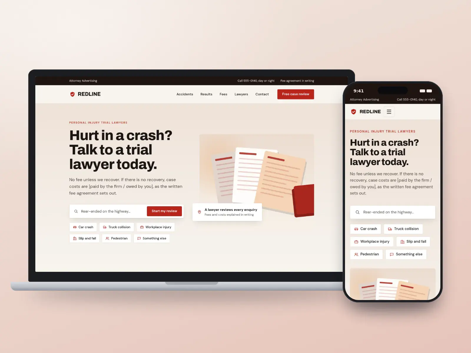 Redline Injury Law, a signal red and bone personal injury website with a call-now bar, a what-happened search with accident-type quick links and an illustration of case files, shown on a laptop and a phone.