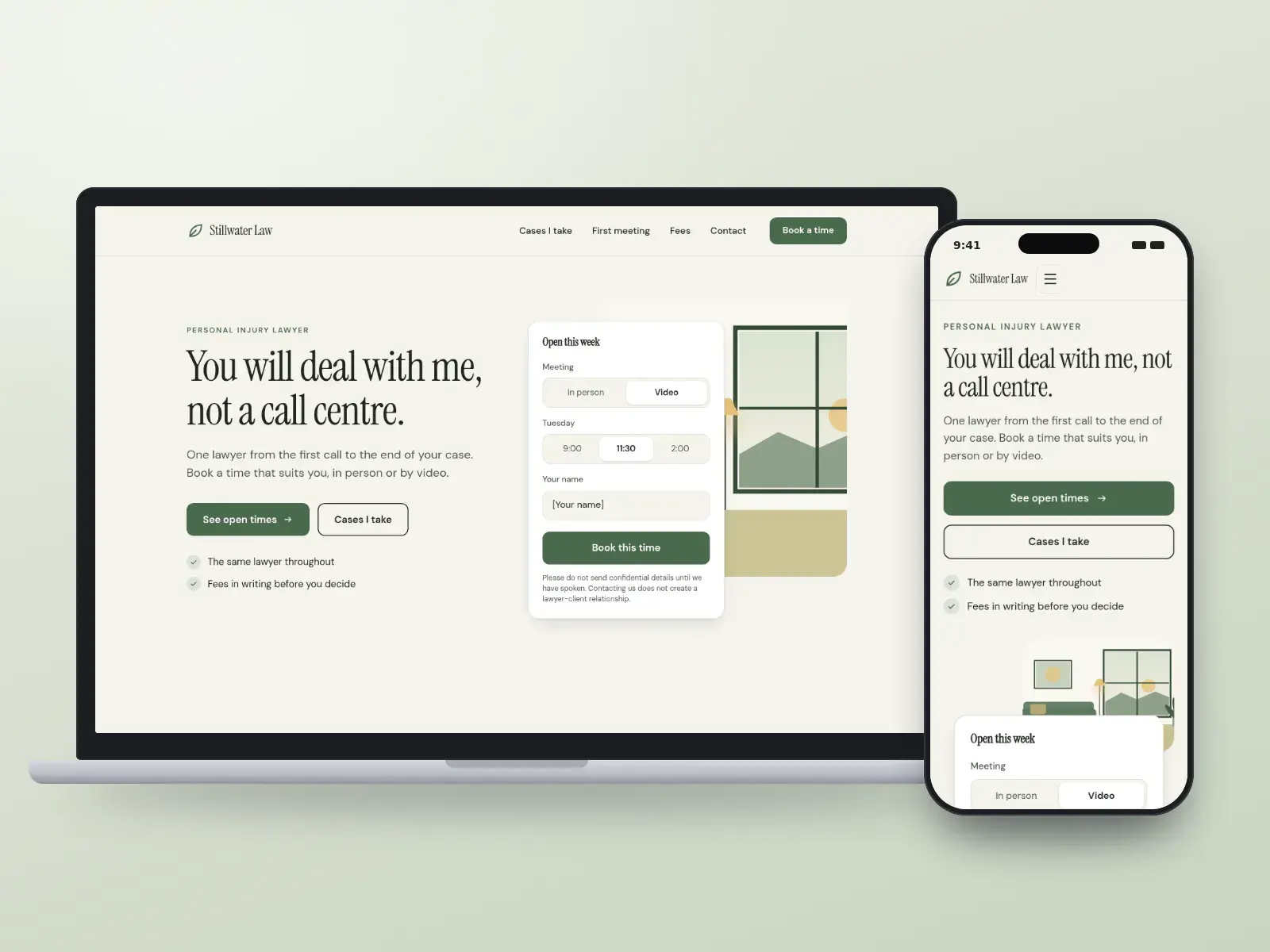 Stillwater Law, a sage and linen solo injury lawyer website with a consultation booking card showing open times beside an illustration of a calm office, shown on a laptop and a phone.