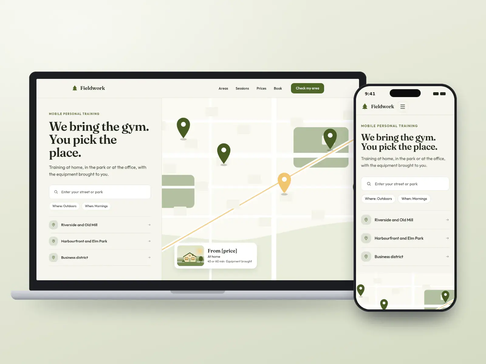 Fieldwork Fitness, a moss and sand mobile personal training website with a neighbourhood map, an area check and session cards for home, outdoor and office training, on a laptop and a phone.