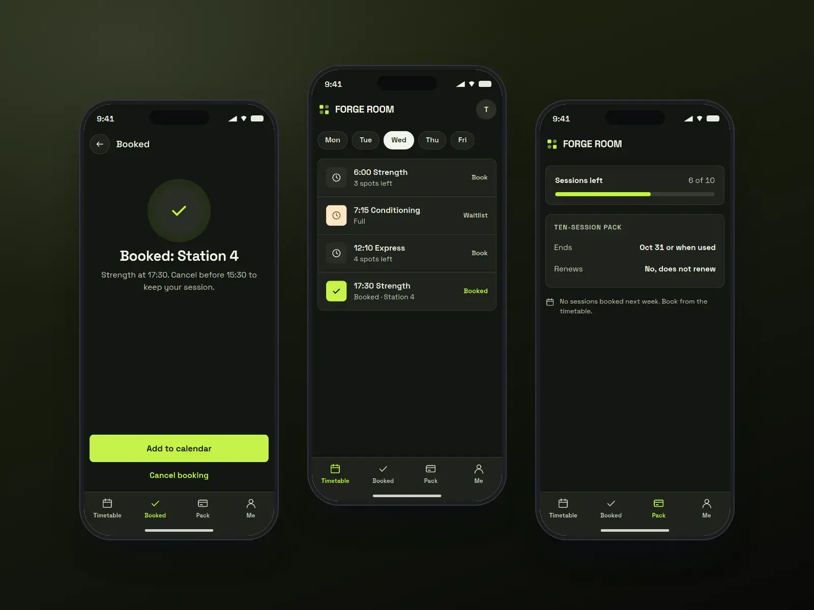 The Forge Room booking app, three dark charcoal and volt phone screens: today’s timetable with spots left, a booked station with the cancel window, and a pack balance that does not renew.