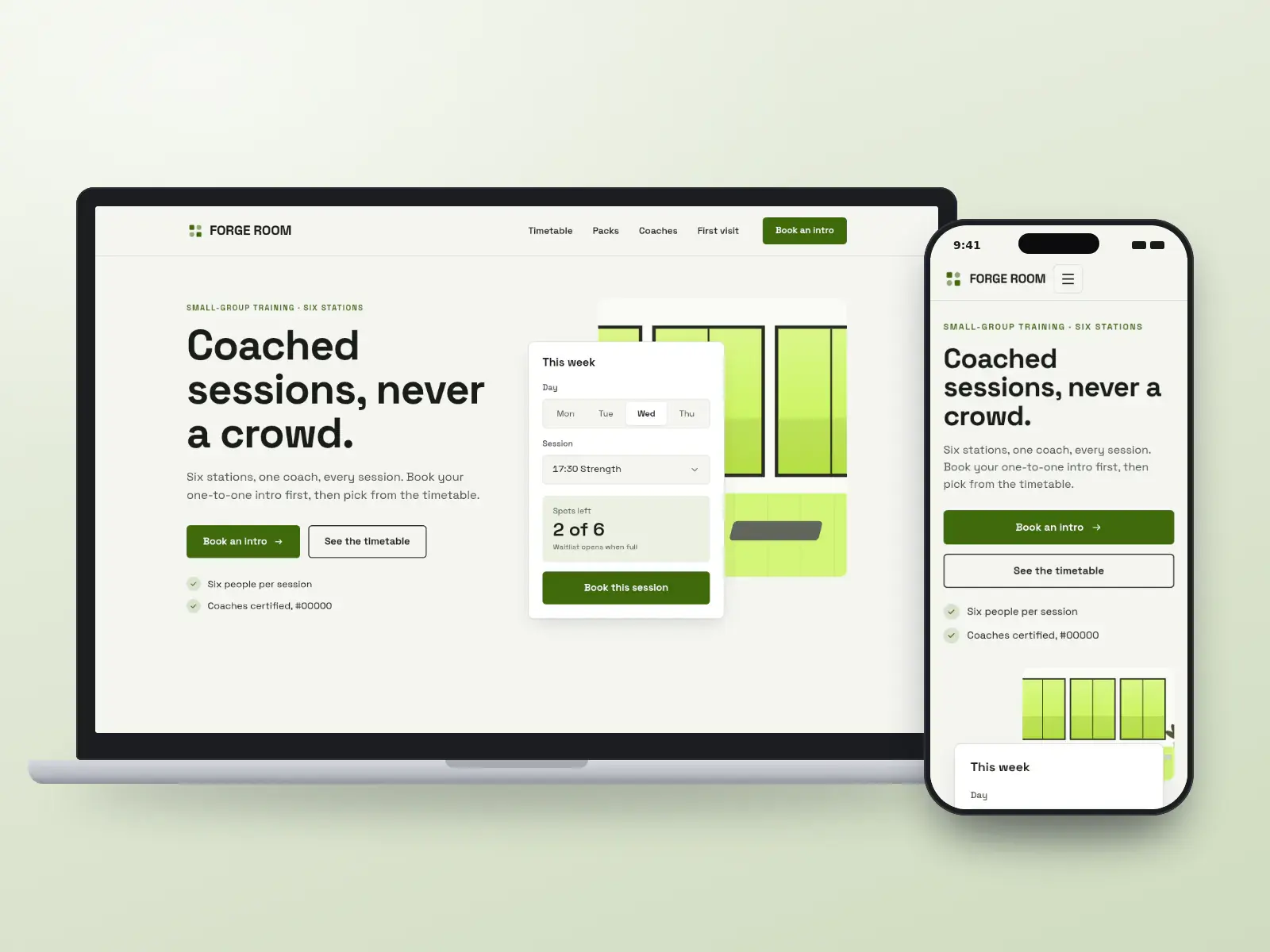 The Forge Room, a charcoal and volt green small-group training website with a session timetable card beside a studio floor illustration, shown on a laptop and a phone.