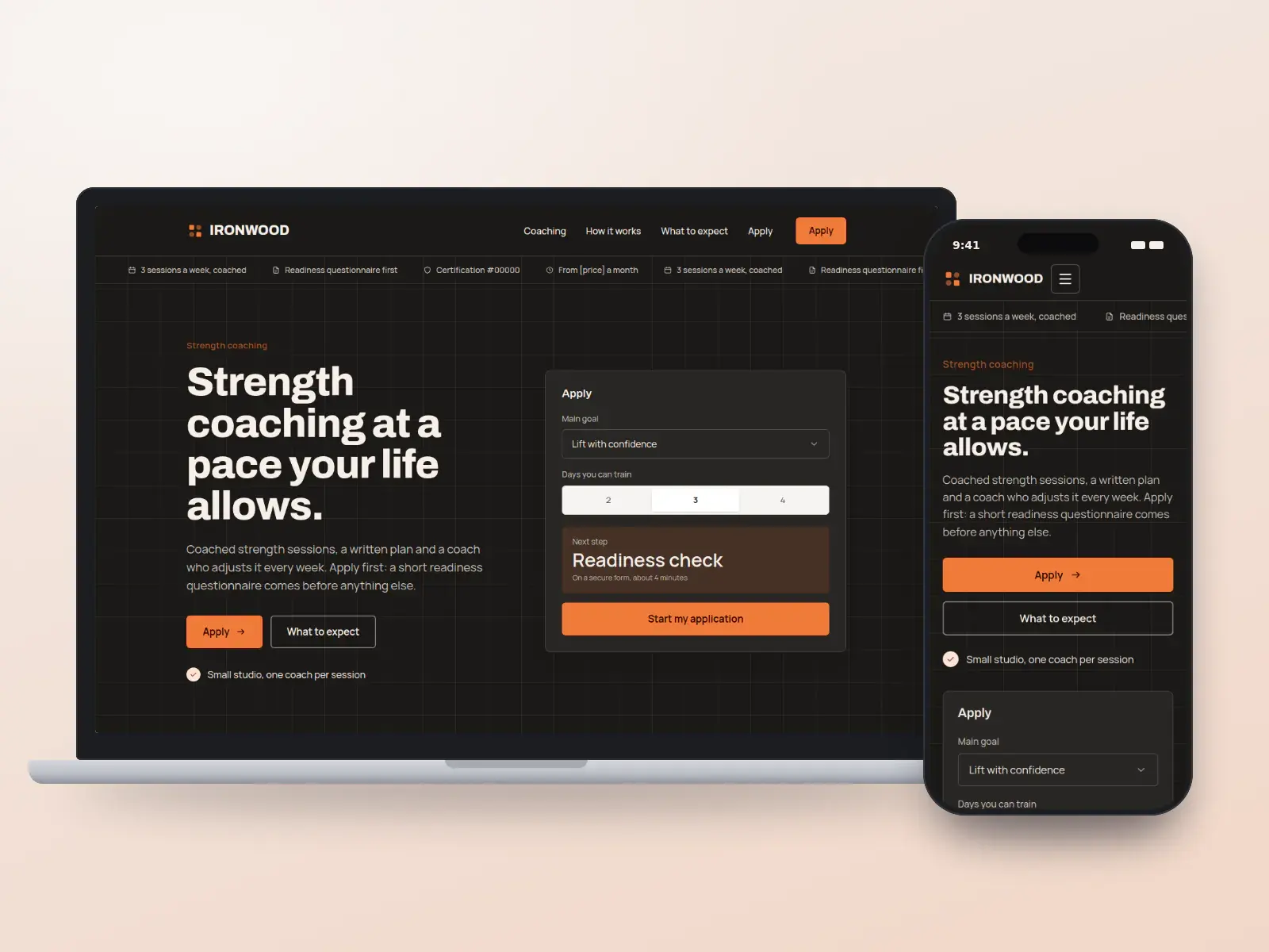 Ironwood Coaching, an iron and ember strength coaching website with a dark hero, a session ticker, an application panel and a training room illustration, on a laptop and a phone.