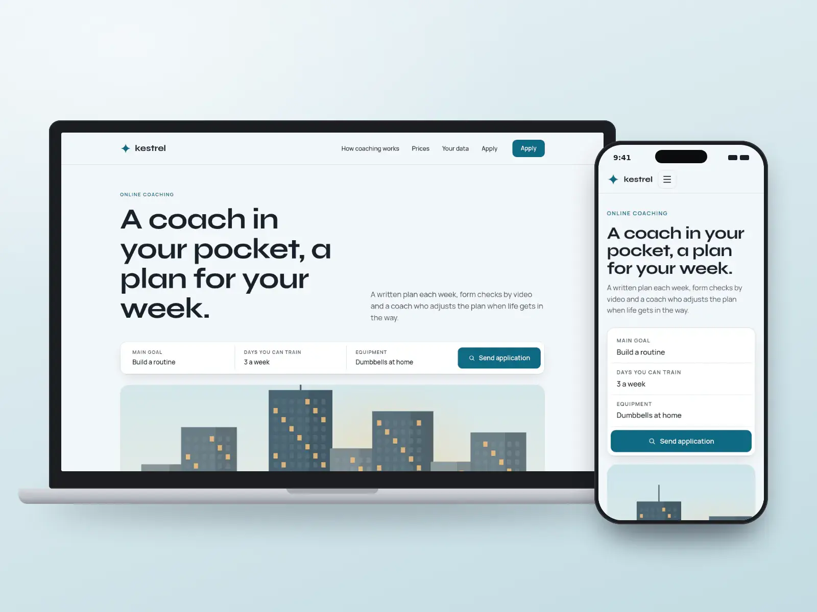 Kestrel Online Coaching, a sky and slate online coaching website with an application bar and a wide illustration of a city skyline at dawn, shown on a laptop and a phone.