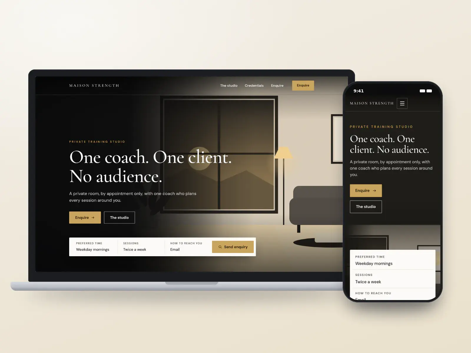 Maison Strength, a stone and brass private training studio website with a full-width illustration of a calm room, a serif headline and an enquiry bar, on a laptop and a phone.