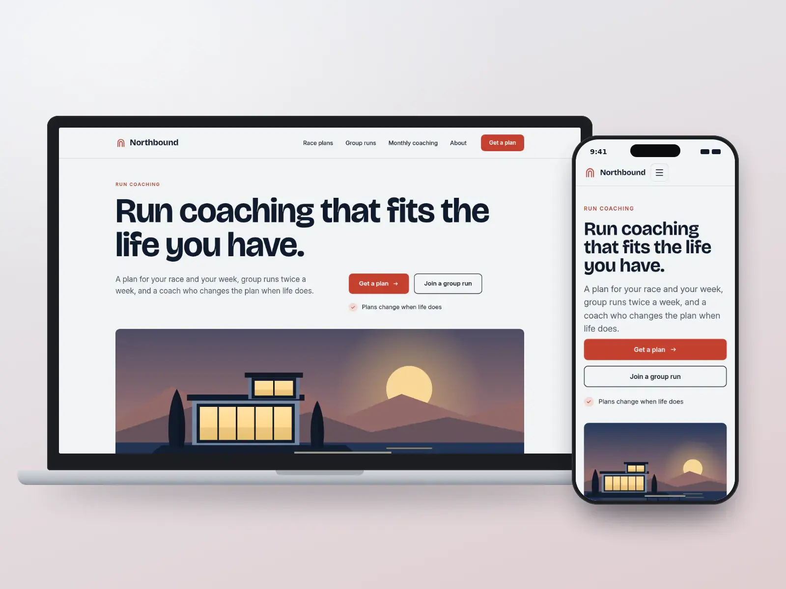 Northbound Run Coaching, a night blue and coral running coach website with a large headline, a wide lakeshore illustration and a race-plan picker, shown on a laptop and a phone.