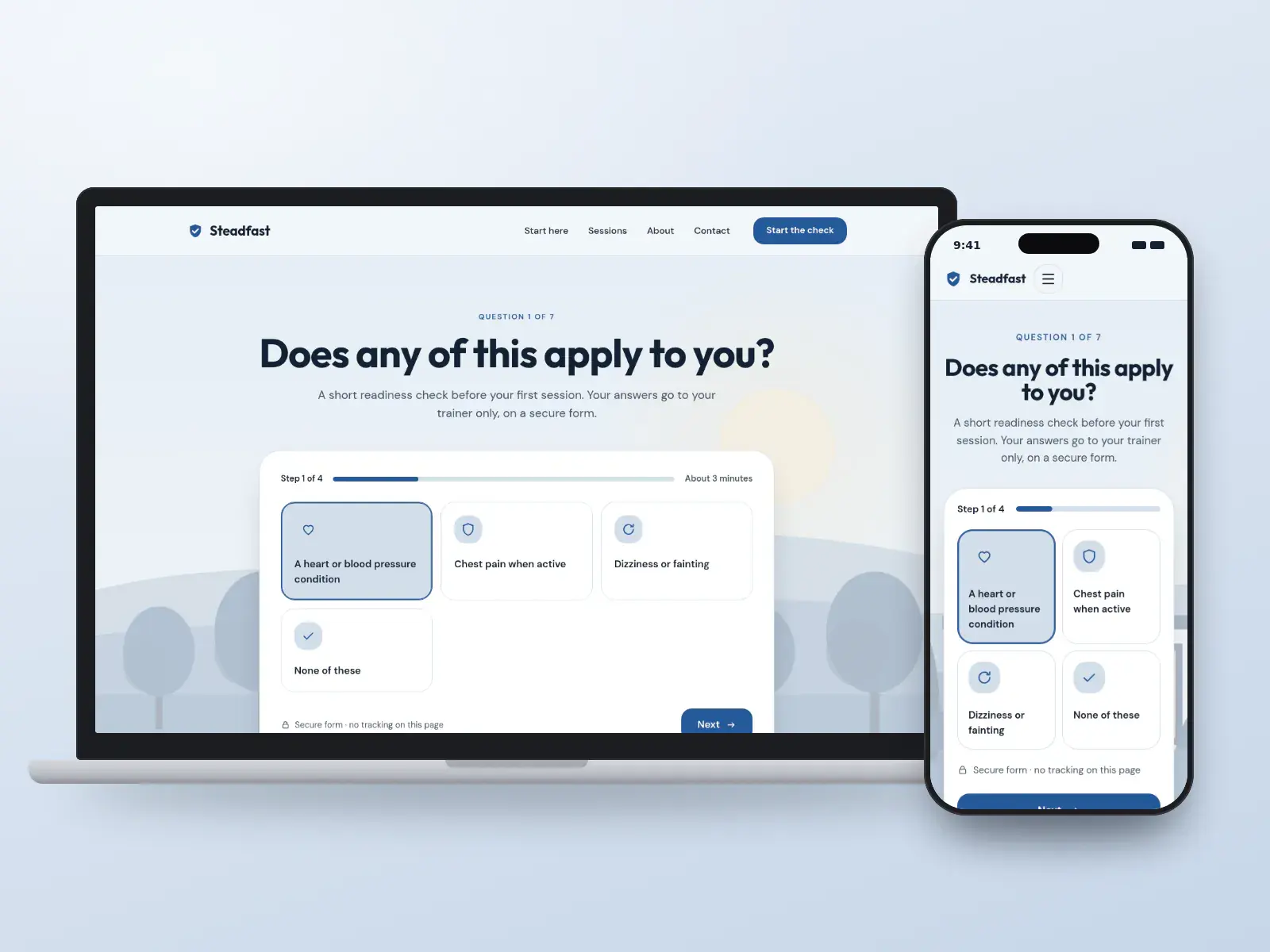 Steadfast Training, a harbour blue personal training website with a large four-tile readiness question card over a soft garden wash, shown on a laptop and a phone.