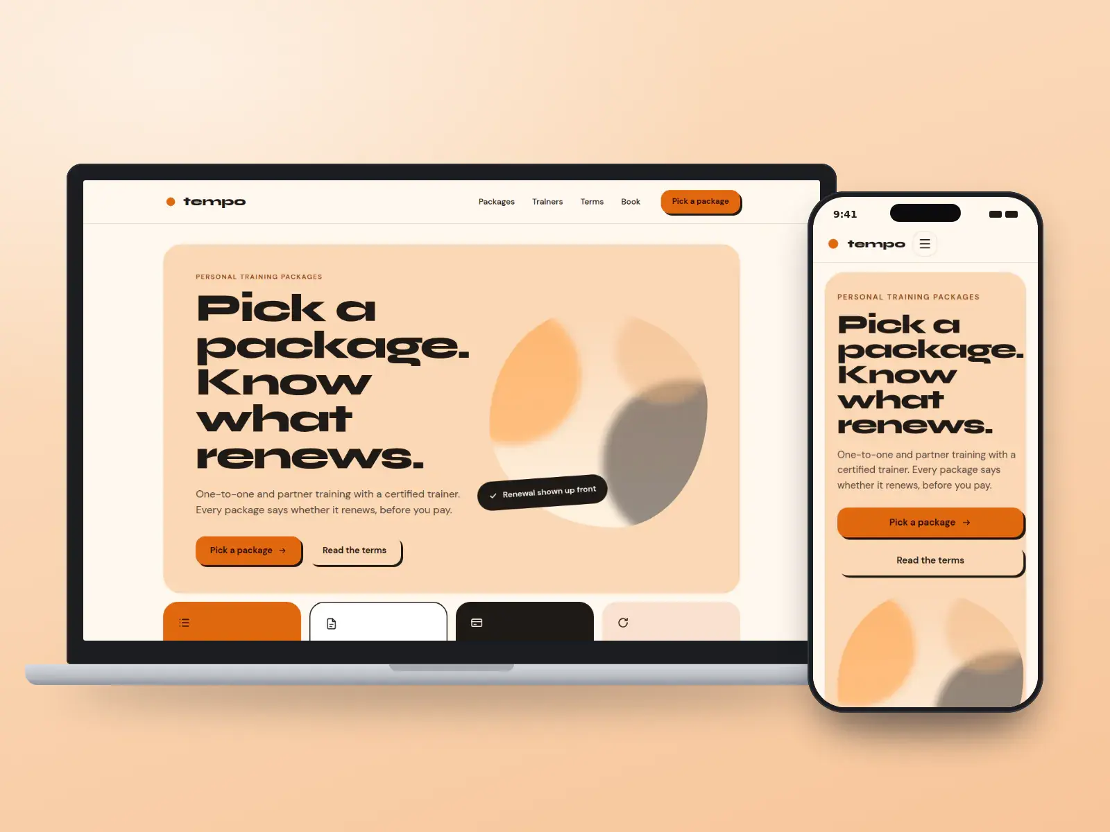 Tempo Personal Training, a tangerine and ink personal training website with oversized type, a rounded illustration and bright package tiles, shown on a laptop and a phone.