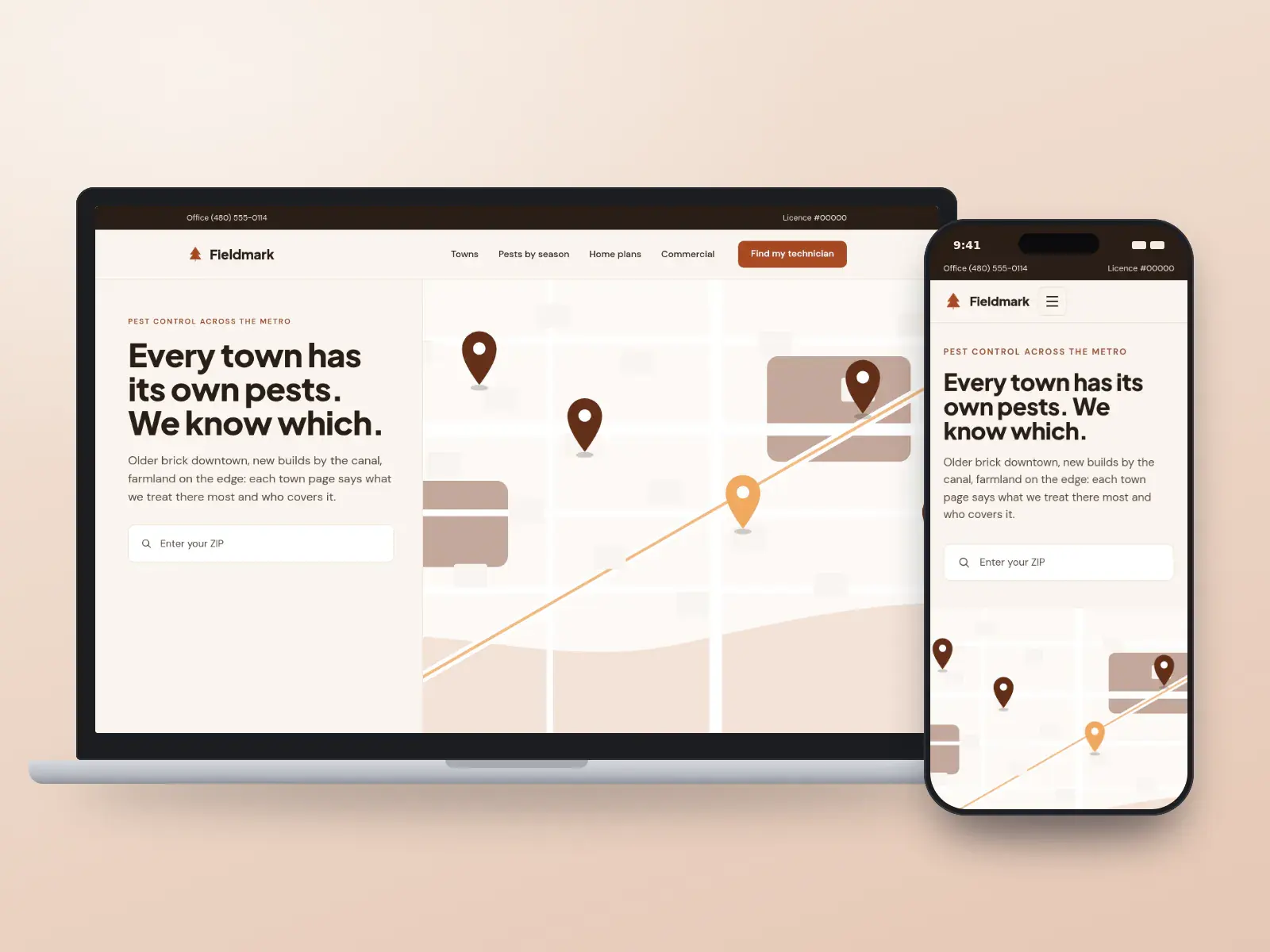 Fieldmark Pest Co., a terracotta and sand pest control website on a laptop and a phone, with a map of the towns served, a ZIP search and cards for the pests seen in each town.