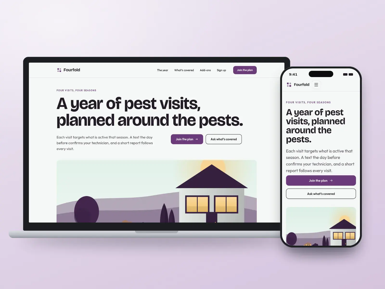 Fourfold Pest, a plum and pale mint pest plan website on a laptop and a phone, with a headline about a year of visits, a season-by-season visit table and a garden illustration.