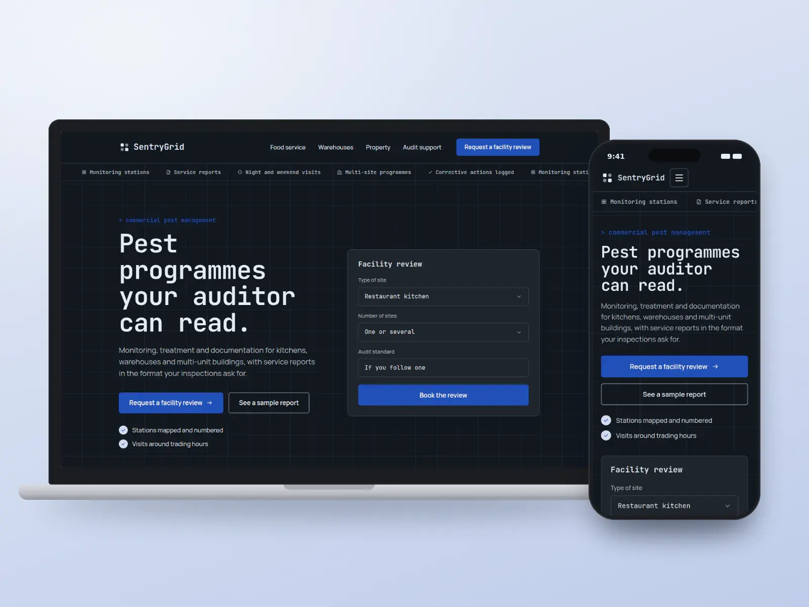 SentryGrid commercial pest, a graphite and signal blue commercial pest website on a laptop and a phone, with a facility review form, a ticker of services and an audit report table.