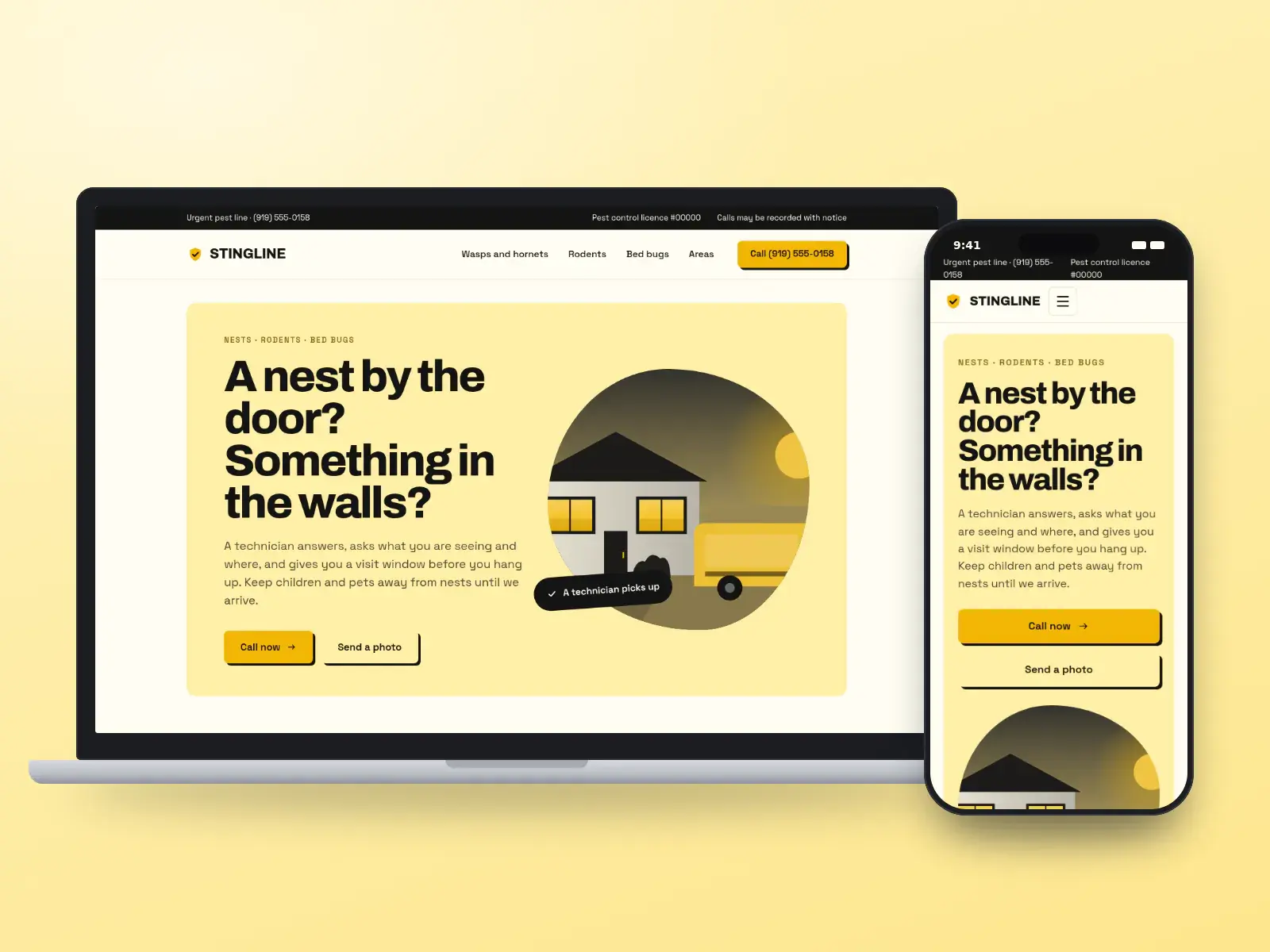 Stingline Pest Control, a hornet yellow and ink urgent pest website on a laptop and a phone, with a big call button, a picker for nests, rodents and bed bugs, and a service van.