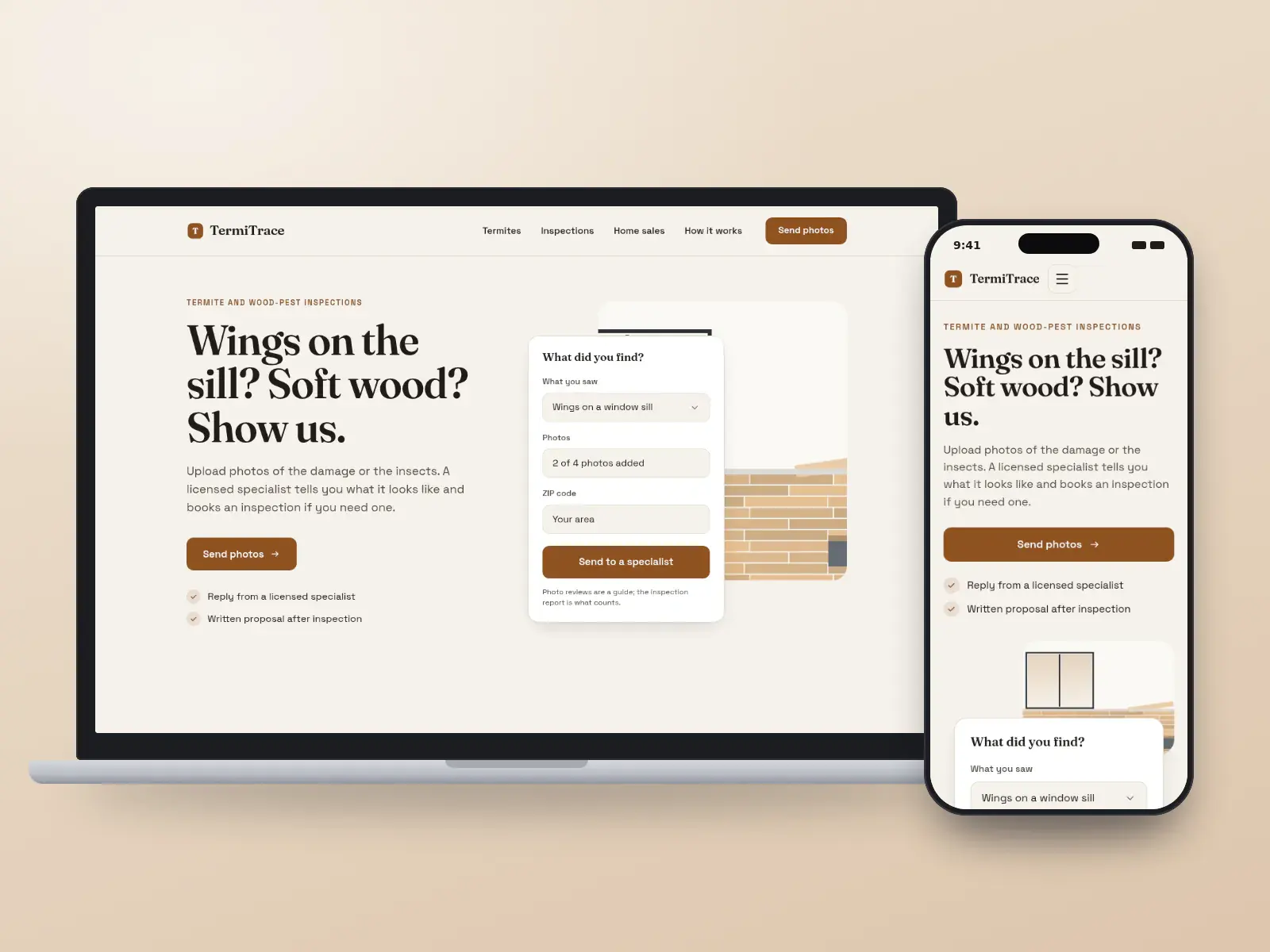 TermiTrace Inspections, a timber and slate termite inspection website on a laptop and a phone, with a send-photos form beside a wood floor illustration and a three-step inspection strip.