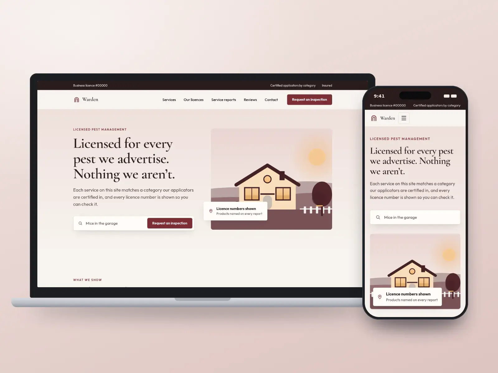 Warden Pest Management, a burgundy and linen credentials-first pest control website on a laptop and a phone, with licence numbers, an inspection request form and a family home.