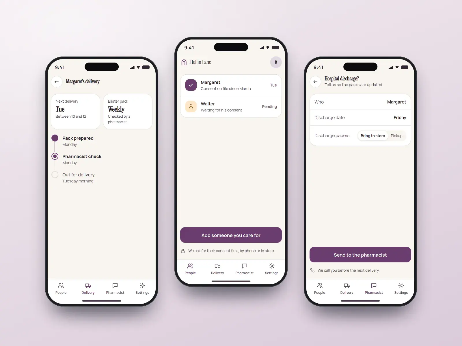 Hollin Lane caregiver app, three plum and oat phone screens: people you help with consent on file, a next delivery card with a timeline, and a form to report a hospital discharge.