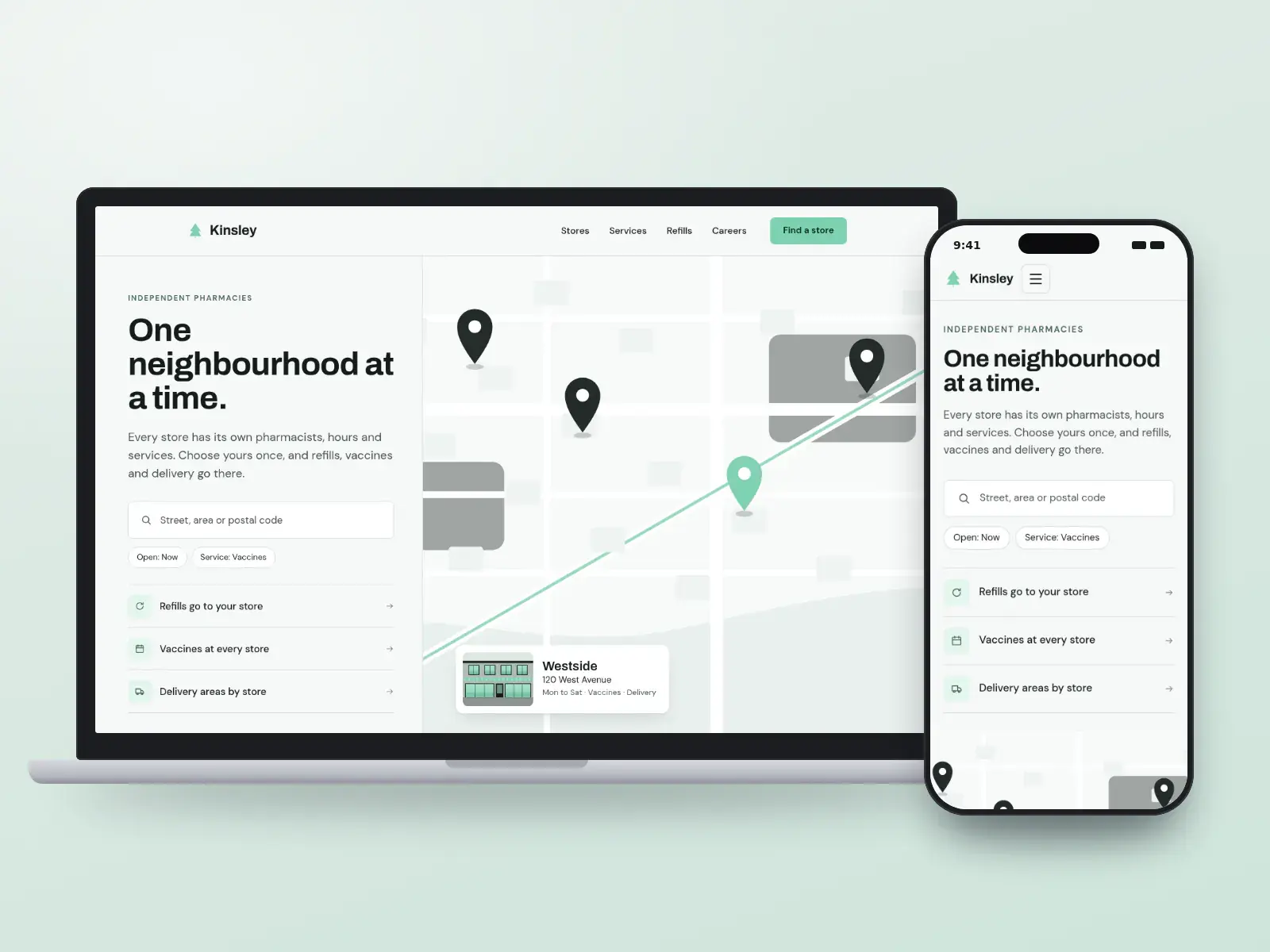 Kinsley Community Pharmacies, a charcoal and mint pharmacy group website with a store finder, a neighbourhood map and a store card showing hours and services, on a laptop and a phone.