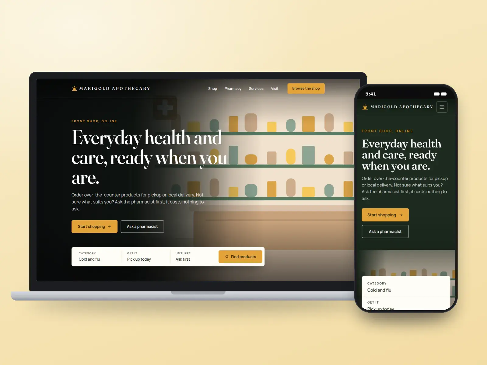 Marigold Apothecary, a marigold and forest green front-shop pharmacy website with a full-width drawing of wooden shelves and a product finder bar, on a laptop and a phone.