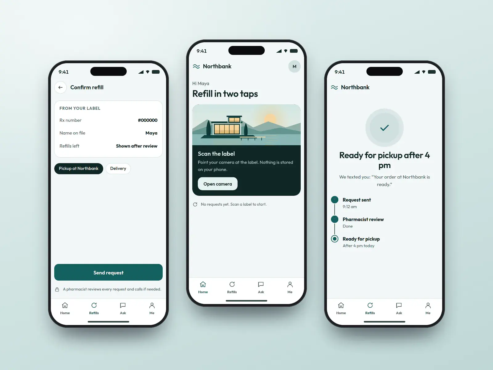 Northbank refill app, three teal and white phone screens: a home screen with a scan-the-label button, a refill confirmation for pickup or delivery, and a ready-for-pickup status.