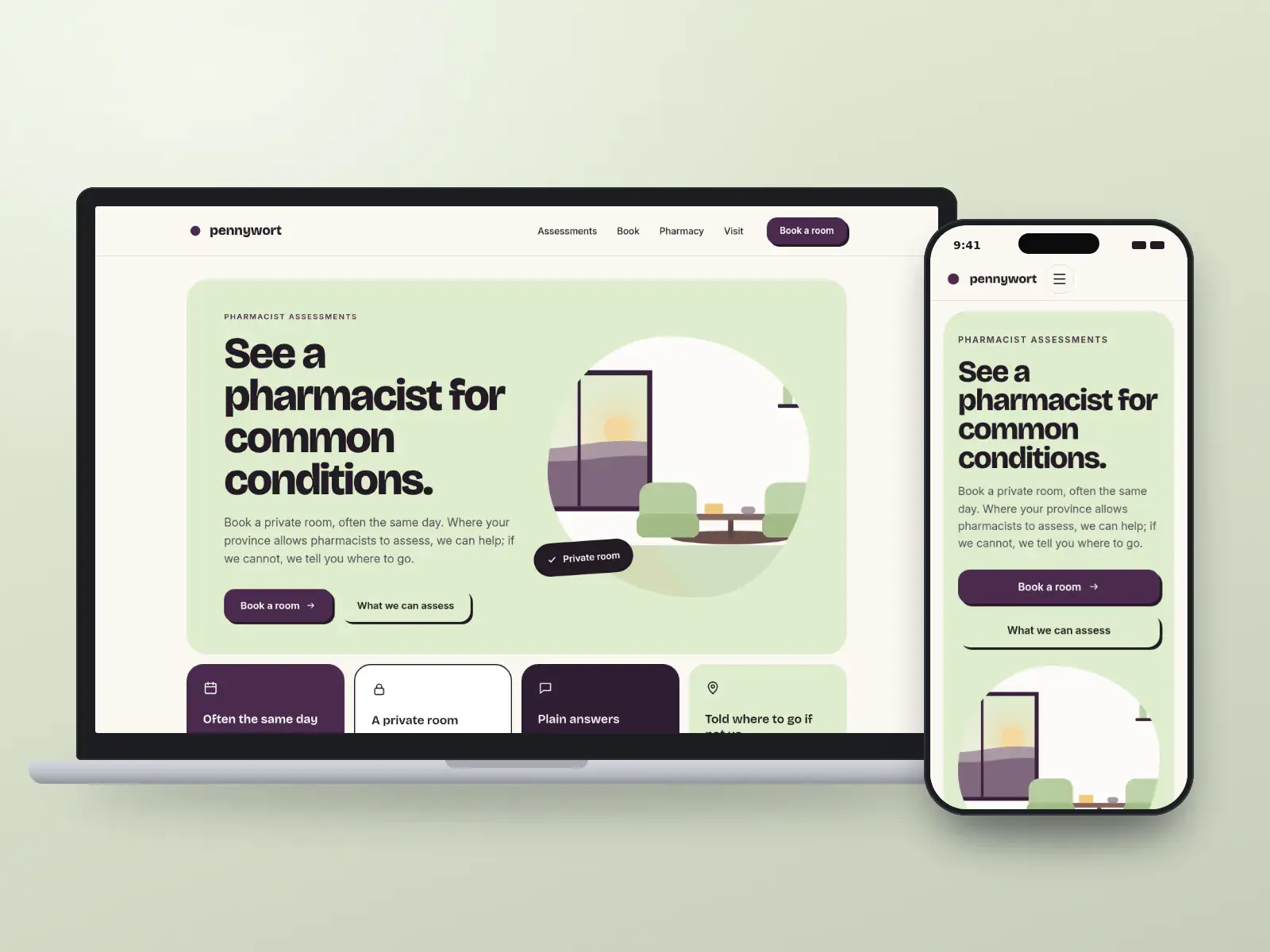 Pennywort Pharmacy, a green and aubergine pharmacy website about booking a private pharmacist assessment, with a drawn consultation room and large rounded service tiles, on a laptop and a phone.