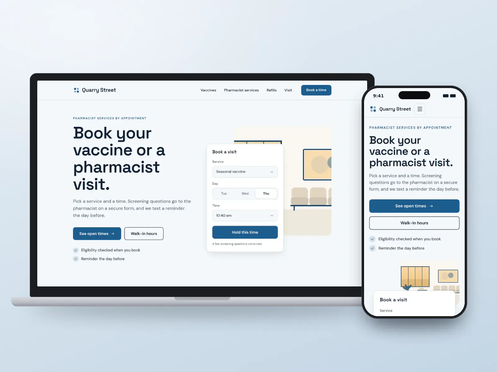 Quarry Street Pharmacy, a harbour blue and sand pharmacy website with a vaccine and pharmacist visit booking panel beside a drawn waiting room, on a laptop and a phone.