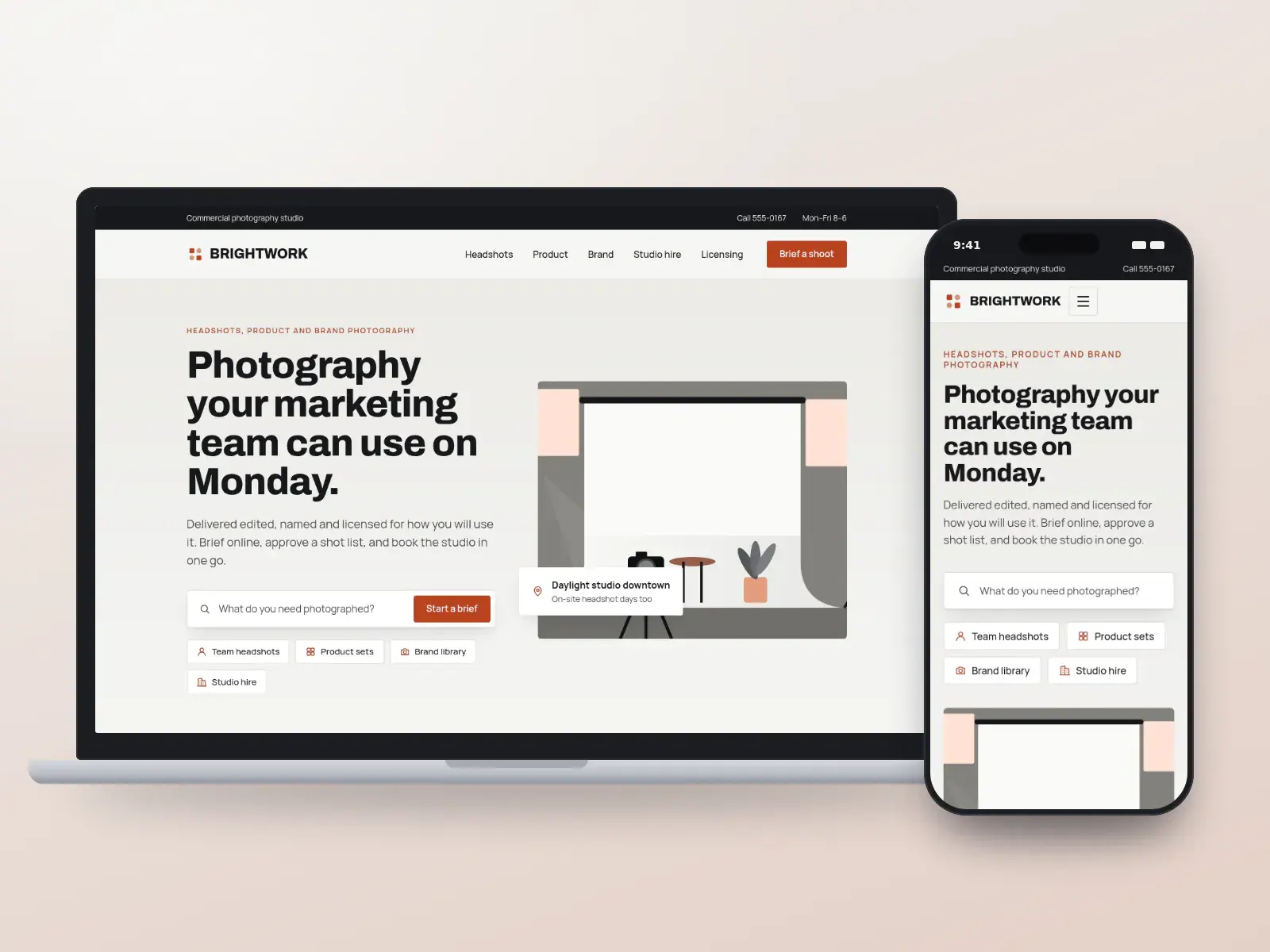 Brightwork, a graphite and signal orange commercial photography studio website with a brief search, four service shortcuts and an illustration of a lit studio set, on a laptop and a phone.