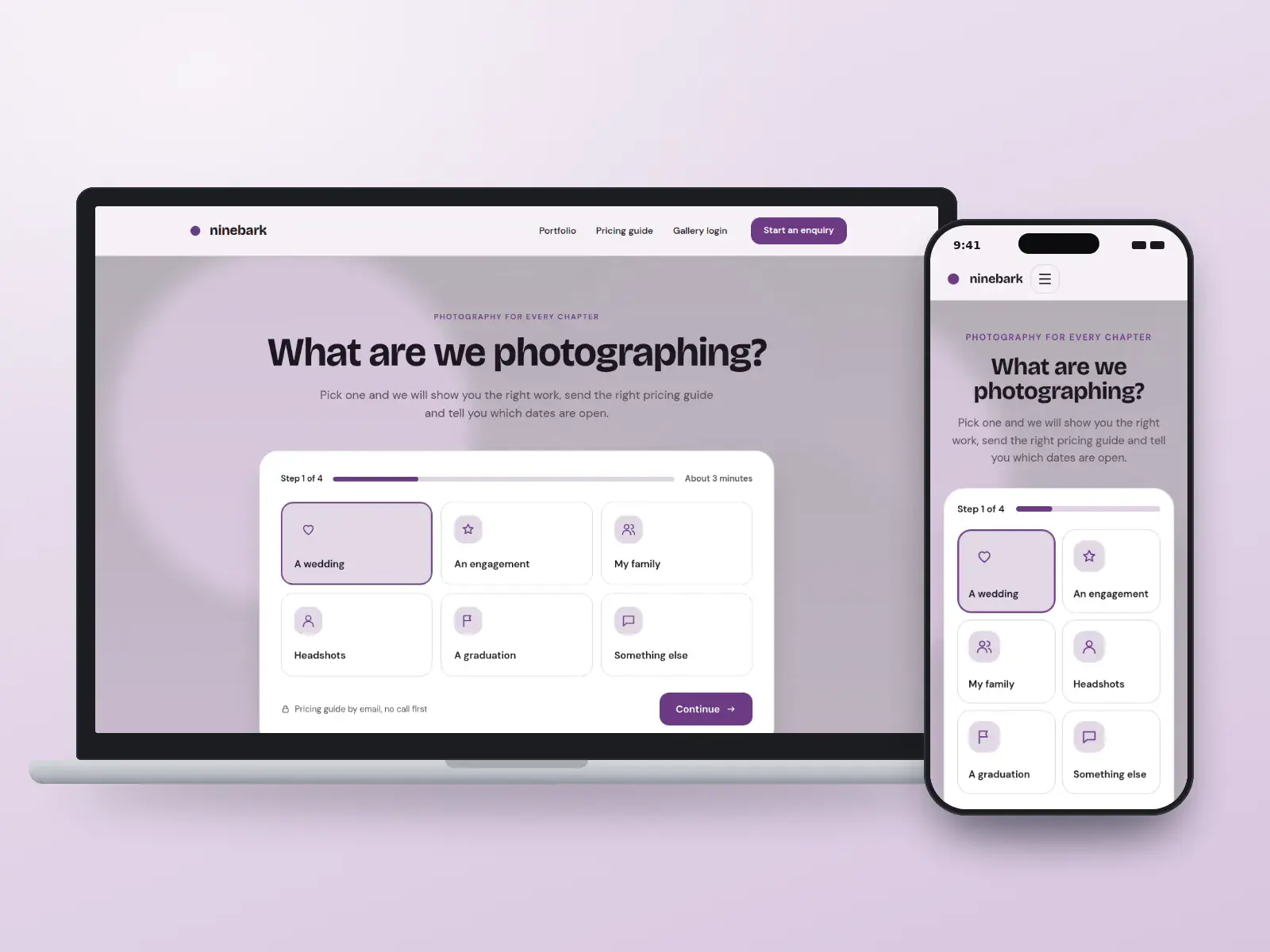 ninebark, a plum and lilac photography website with a step-by-step chooser asking what are we photographing, six session tiles and a progress bar, shown on a laptop and a phone.