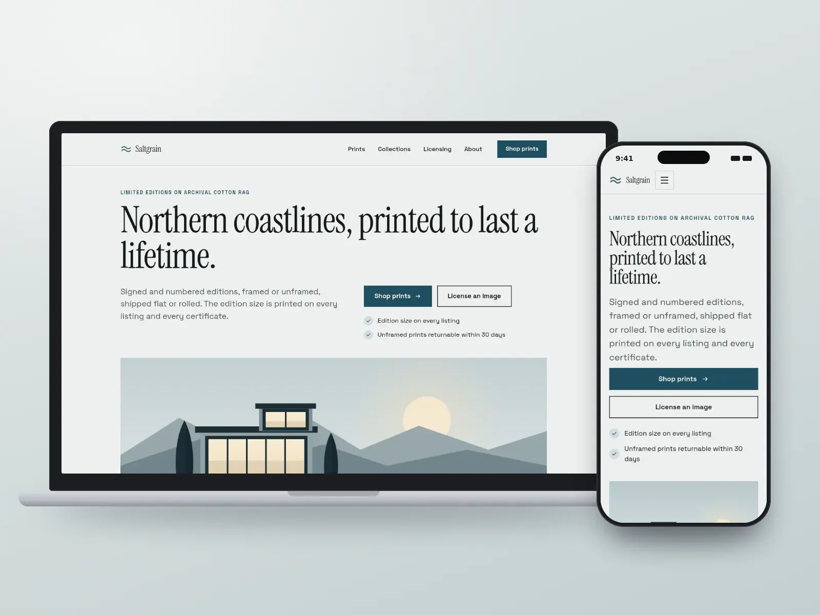 Saltgrain, a fog grey and ink teal fine art print shop website with a large serif headline, a wide harbour illustration and a row of limited-edition prints, shown on a laptop and a phone.