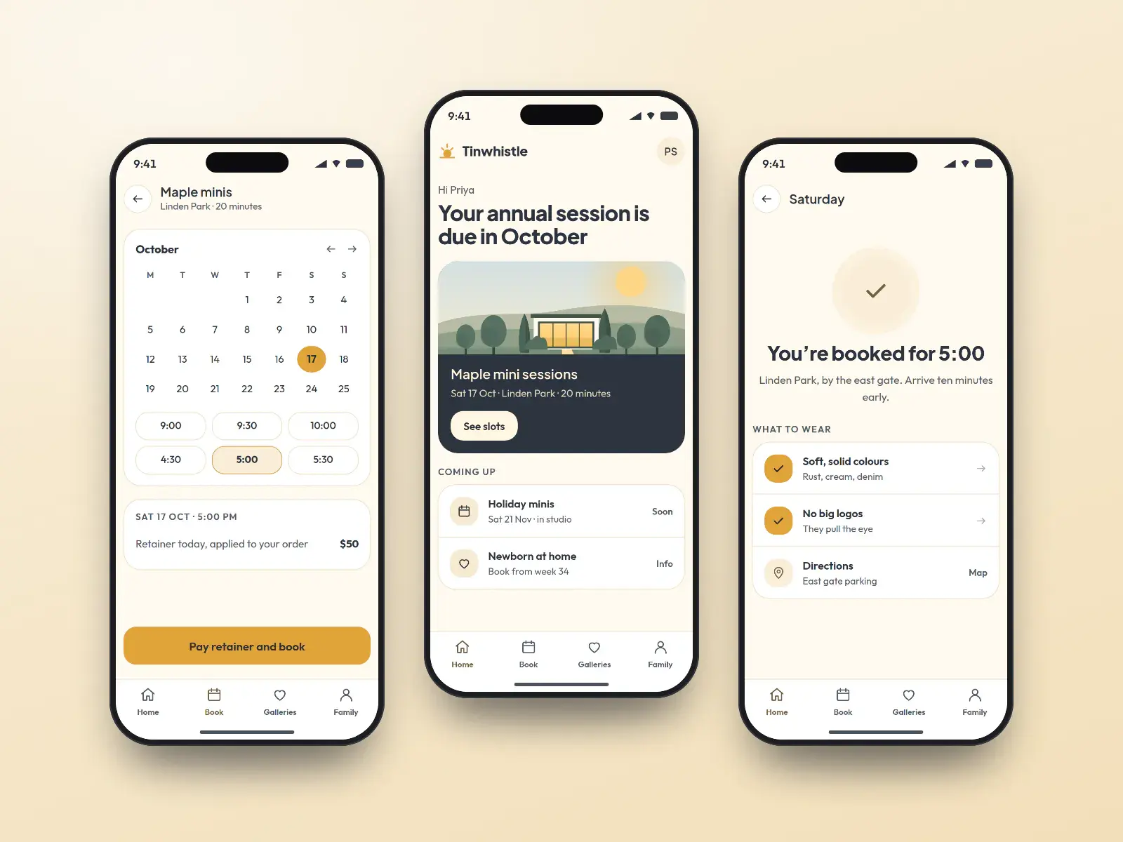 Tinwhistle booking app, three butter yellow phone screens: upcoming mini-session days, a slot picker with the retainer, and a session reminder with a what-to-wear checklist.