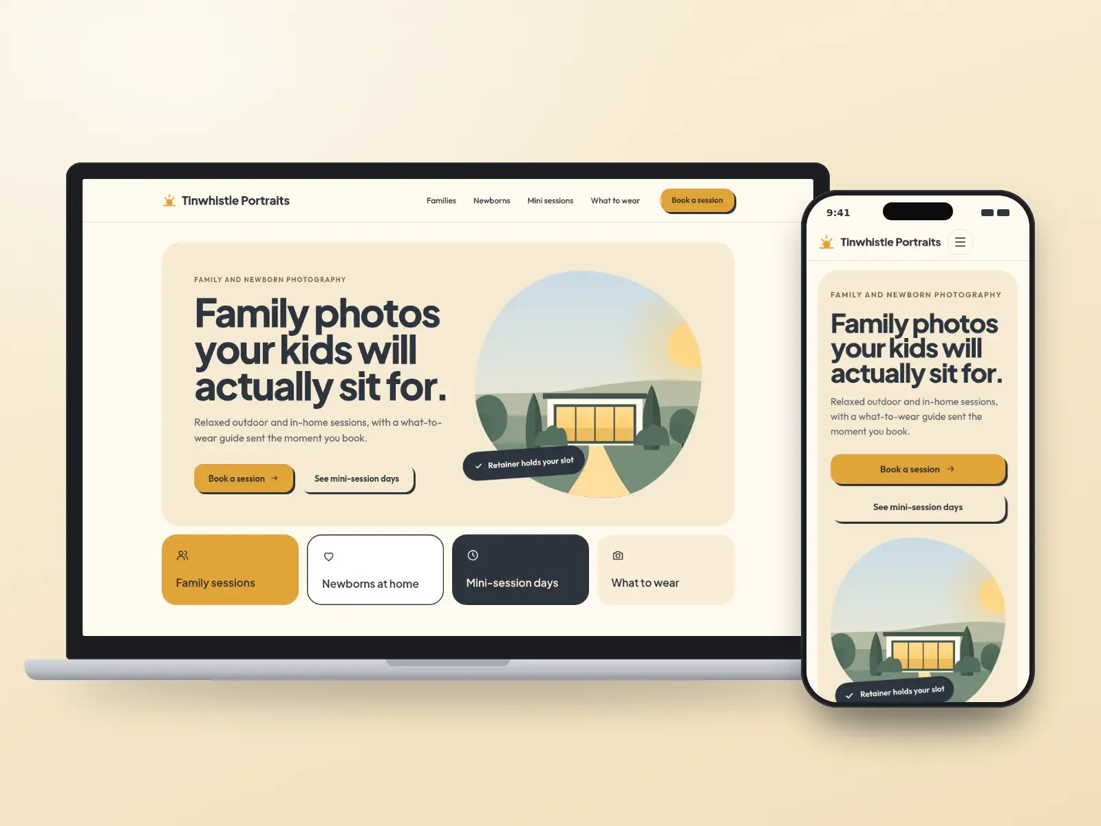 Tinwhistle Portraits, a butter yellow and slate family photography website with bold rounded type, a golden-hour garden illustration and four colourful session tiles, on a laptop and a phone.