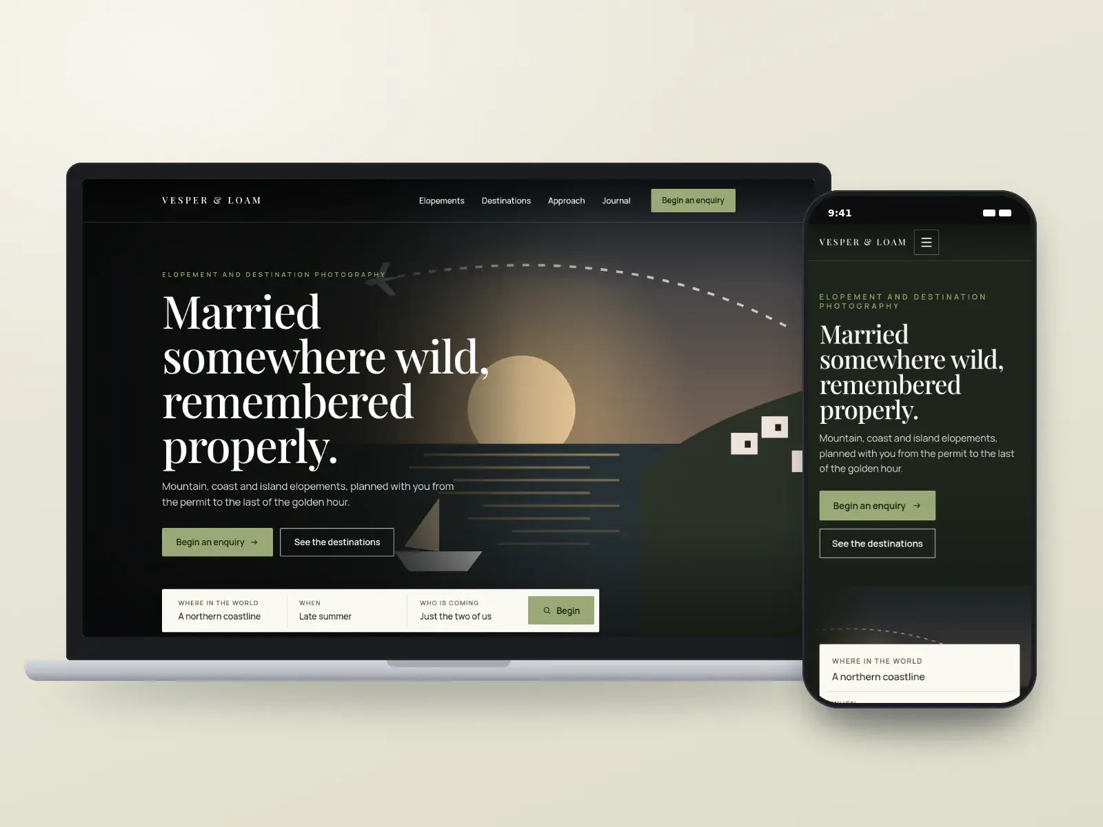Vesper & Loam, a moss and parchment elopement photography website with a full-width dusk illustration of a rocky coastline, centred serif headline and an enquiry bar, on a laptop and a phone.