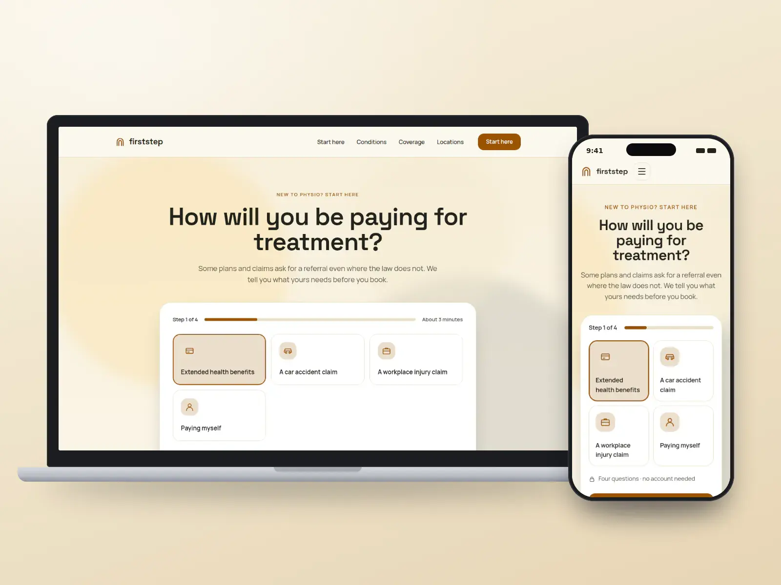 First Step Physio, a citrus and charcoal physiotherapy website asking how you will pay for treatment, with large tiles for benefits, car accident, workplace and self-pay, on a laptop and a phone.